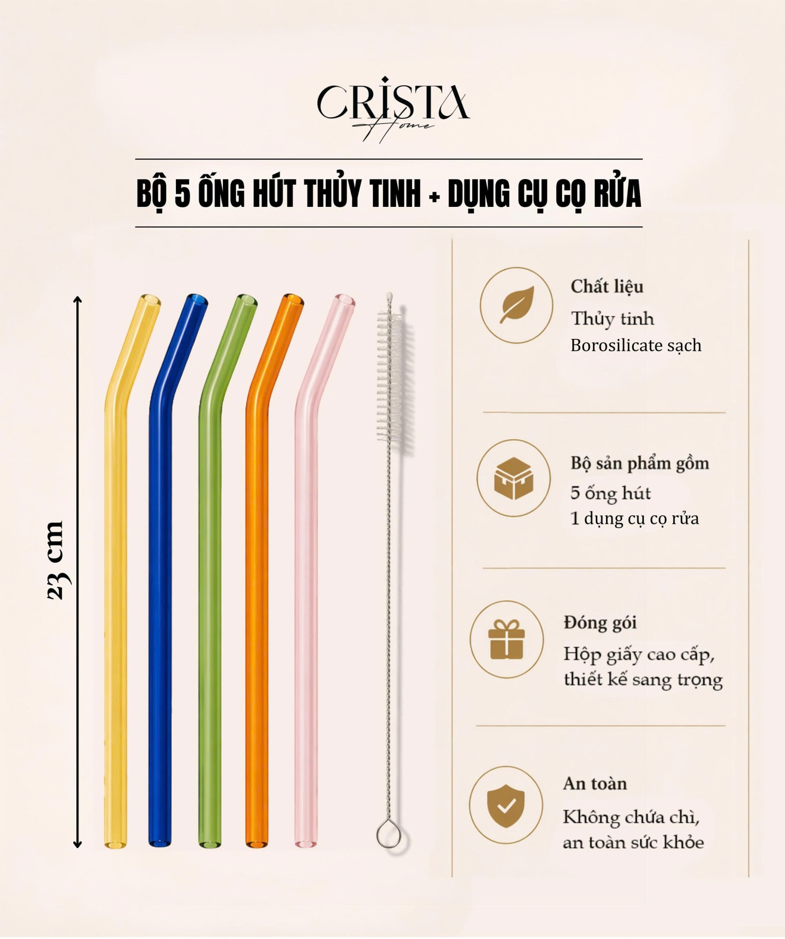 BỘ 5 ỐNG HÚT THỦY TINH SẮC MÀU 23CM CRISTA HOME - 2 Màu