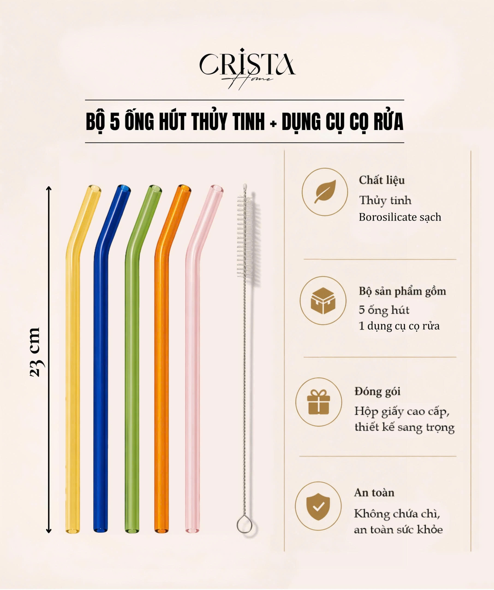 BỘ 5 ỐNG HÚT THỦY TINH SẮC MÀU 23CM CRISTA HOME - 2 Màu