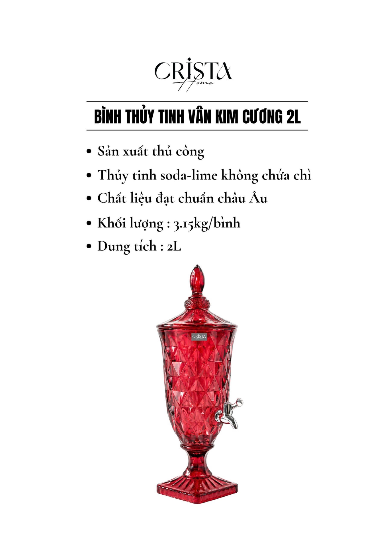 BÌNH NƯỚC VÂN KIM CƯƠNG 2L - 5 Màu, có vòi CRISTA HOME