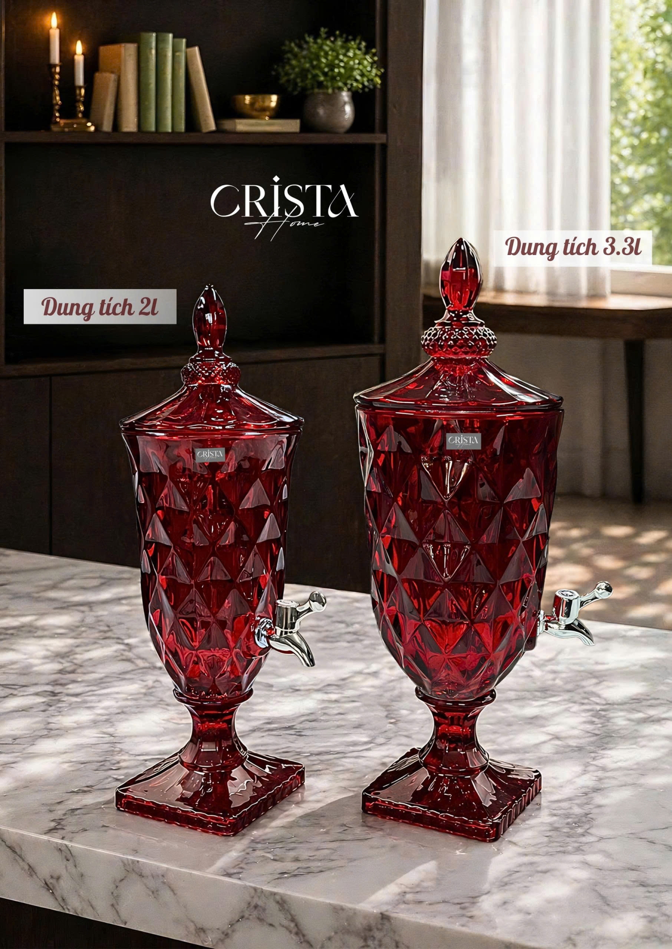 BÌNH NƯỚC VÂN KIM CƯƠNG 2L - 5 Màu, có vòi CRISTA HOME