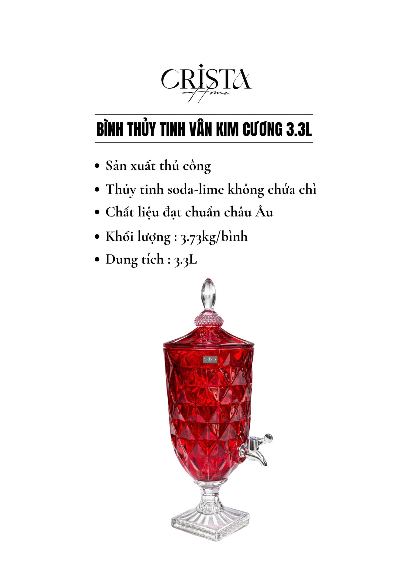 Bình Thủy Tinh Vân Kim Cương Có Vòi 3.3L - 5 Màu CRISTA HOME