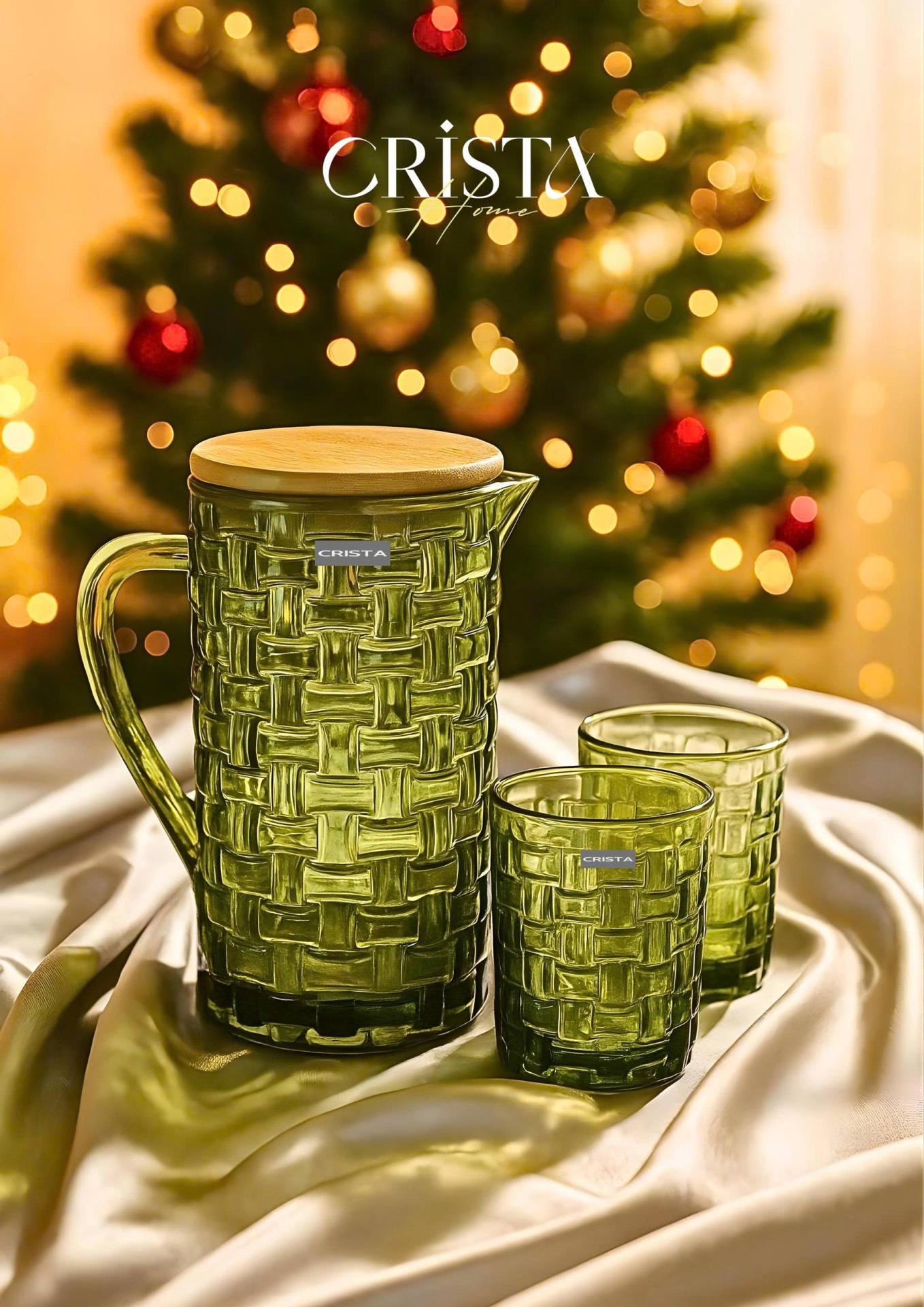 BÌNH THỦY TINH VÂN CARO NẮP TRE - MÀU XANH LÁ