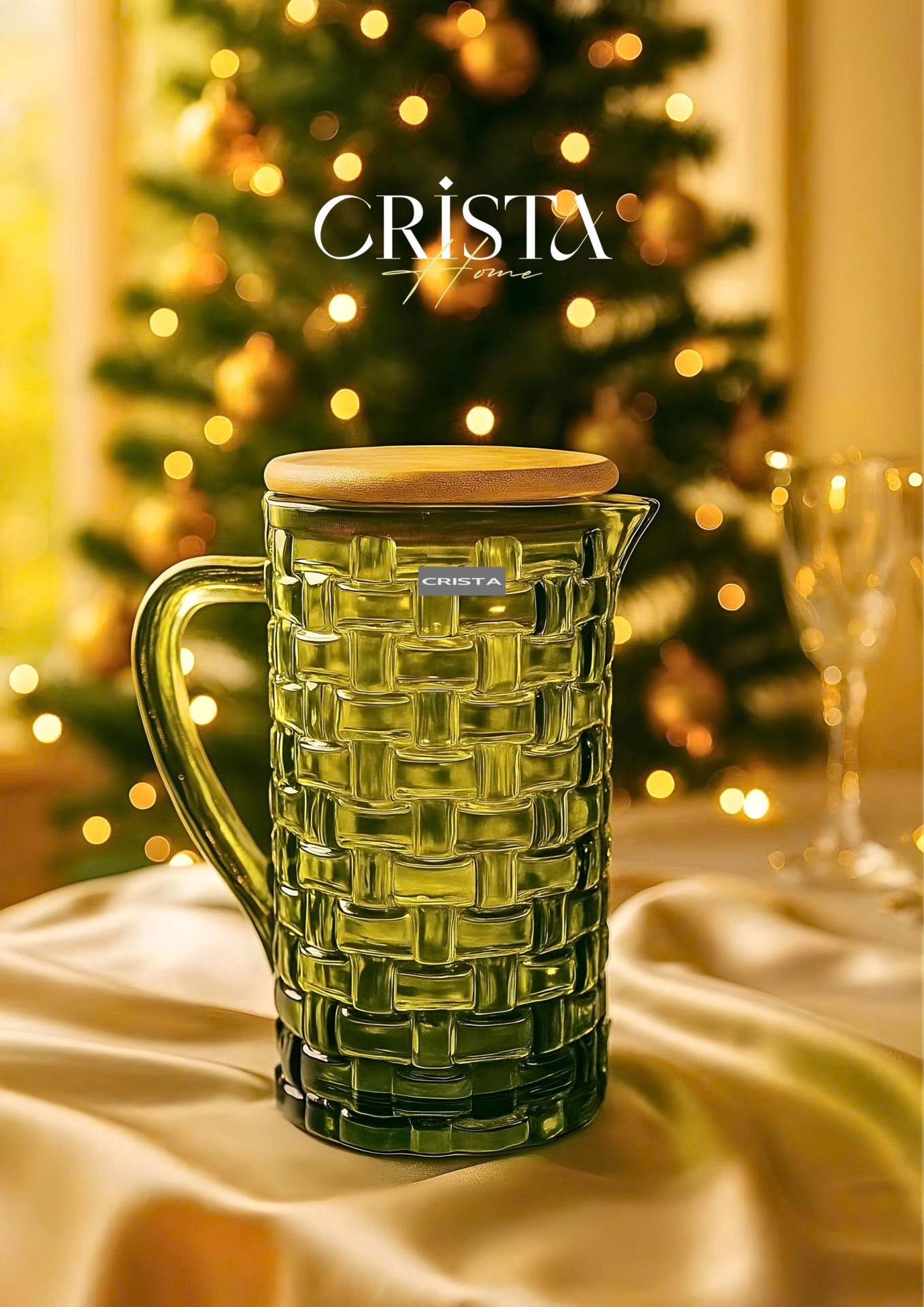 BÌNH THỦY TINH VÂN CARO NẮP TRE - MÀU XANH LÁ