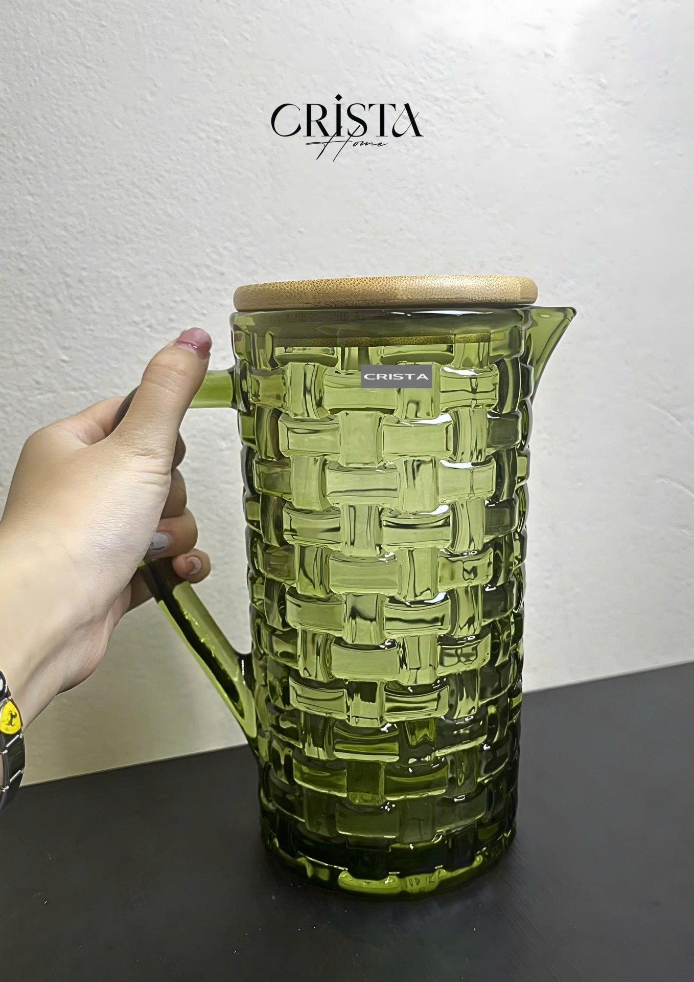 BÌNH THỦY TINH VÂN CARO NẮP TRE - MÀU XANH LÁ