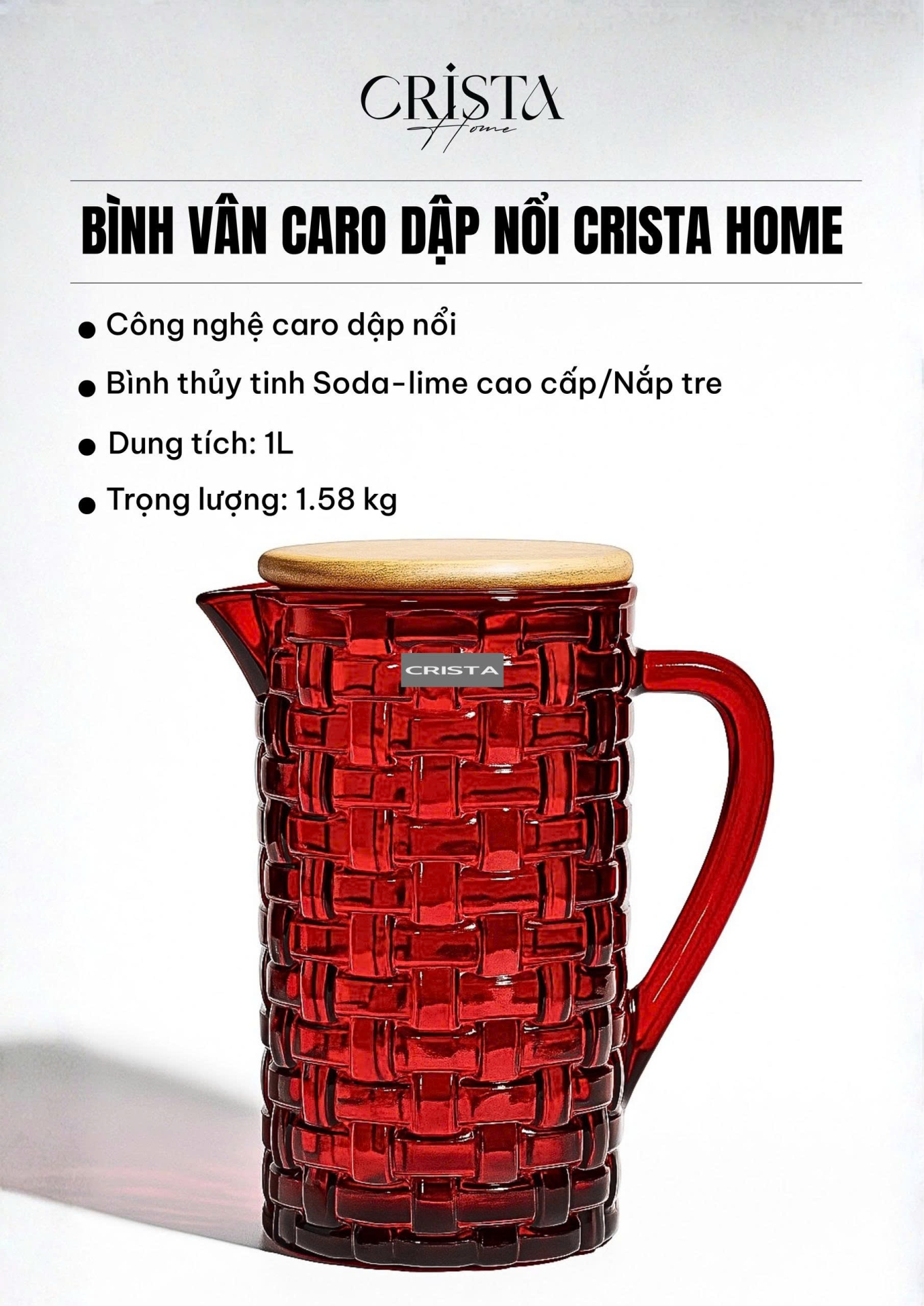 BÌNH THỦY TINH VÂN CARO NẮP TRE - MÀU ĐỎ