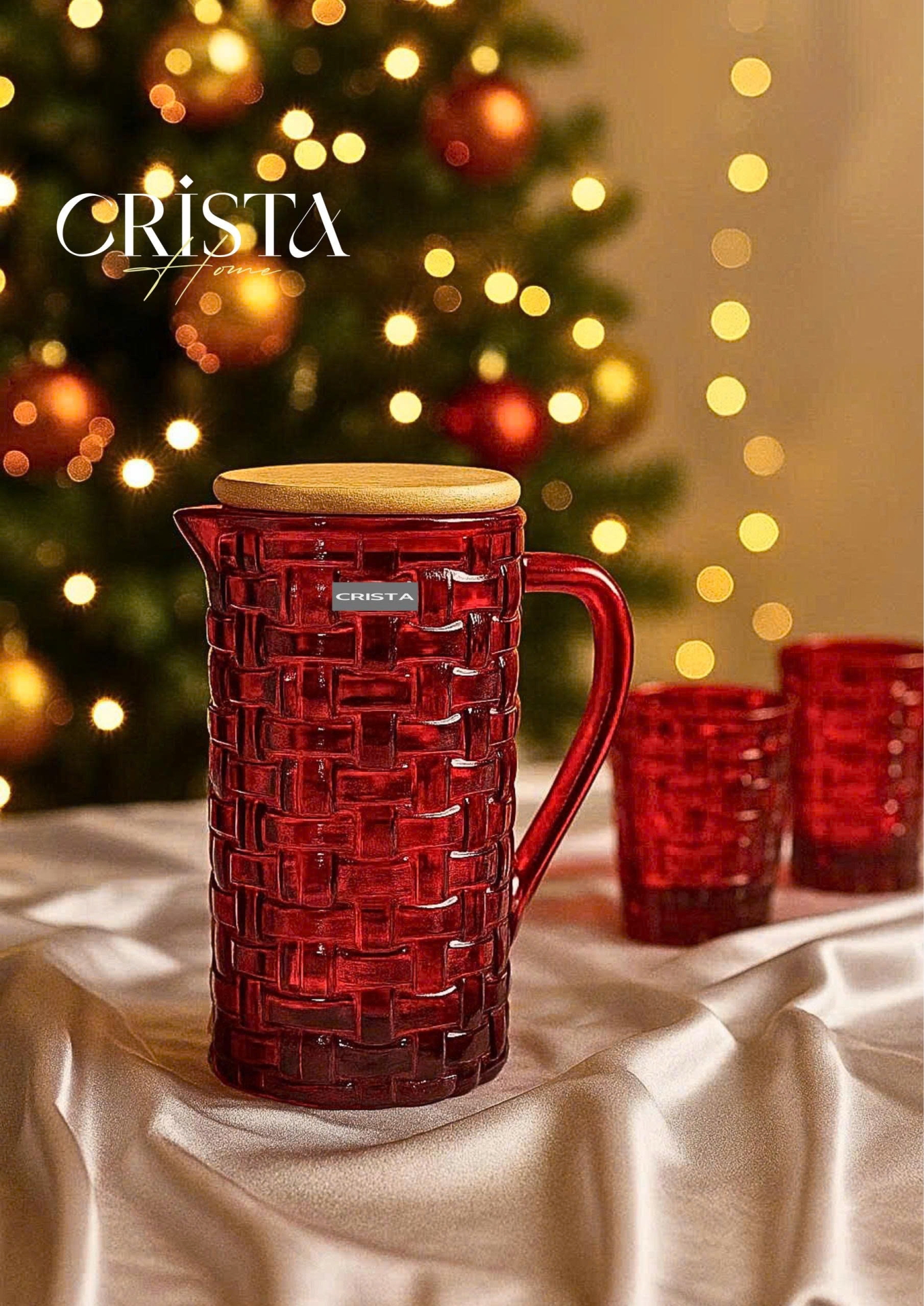 BÌNH THỦY TINH VÂN CARO NẮP TRE - MÀU ĐỎ