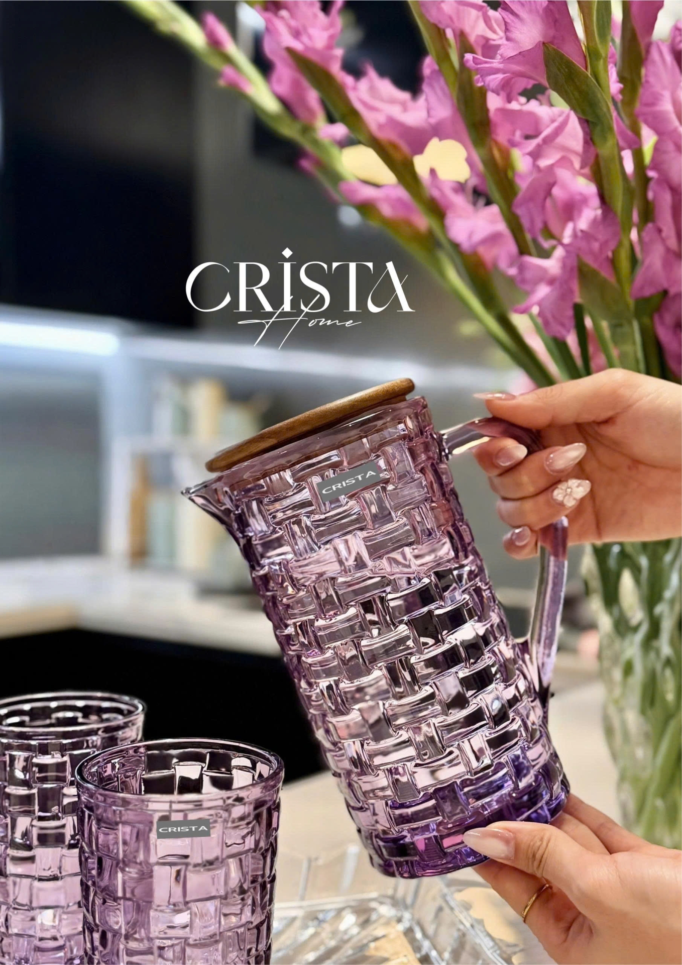 Bình Thủy Tinh Nắp Gỗ 1L - 3 Màu Vân Caro CRISTA HOME sắc màu rực rỡ