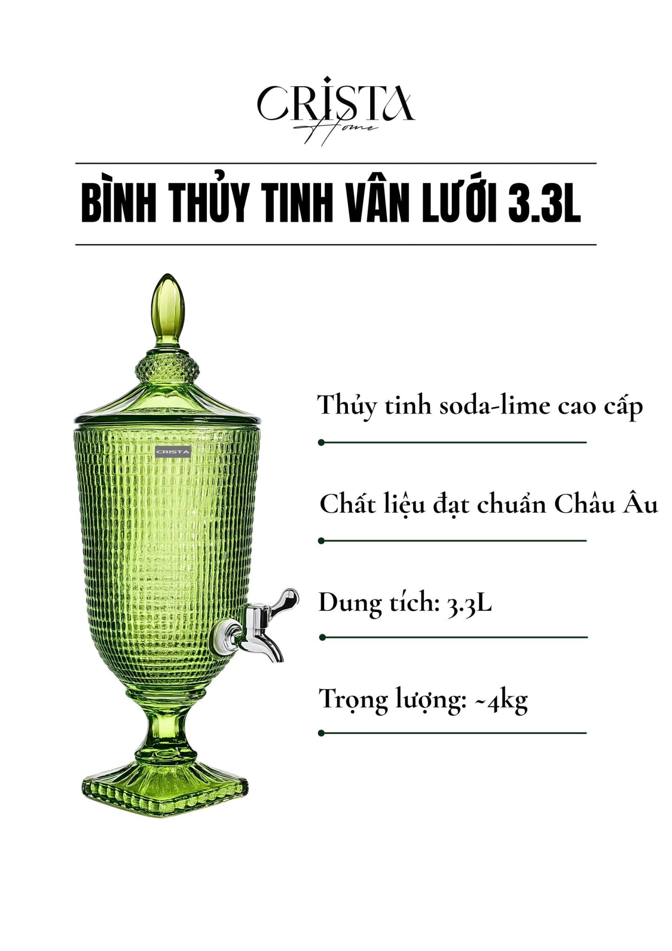 BÌNH THỦY TINH VÂN LƯỚI 3.3L - MÀU XANH LÁ
