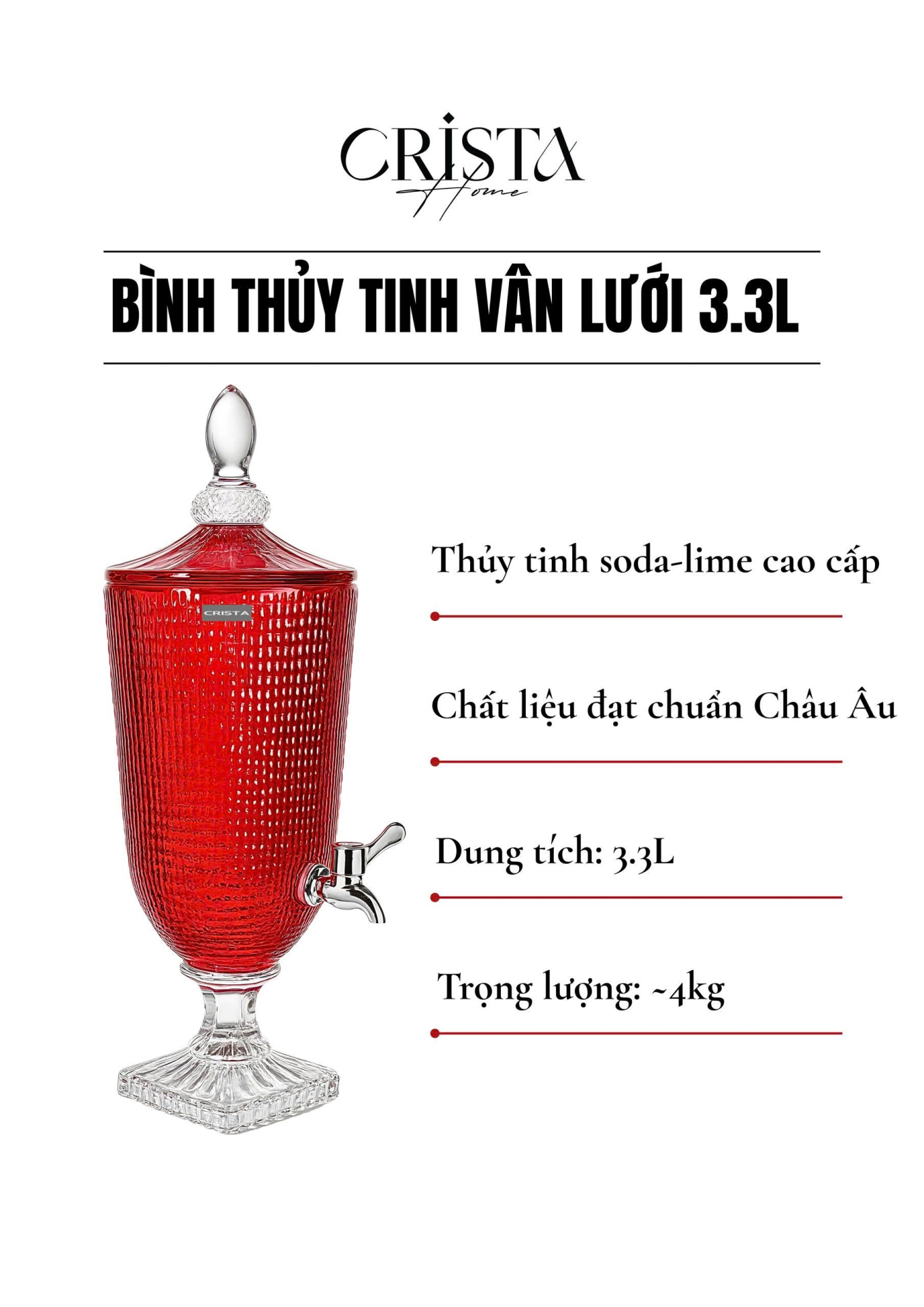 BÌNH THỦY TINH VÂN LƯỚI 3.3L - MÀU ĐỎ