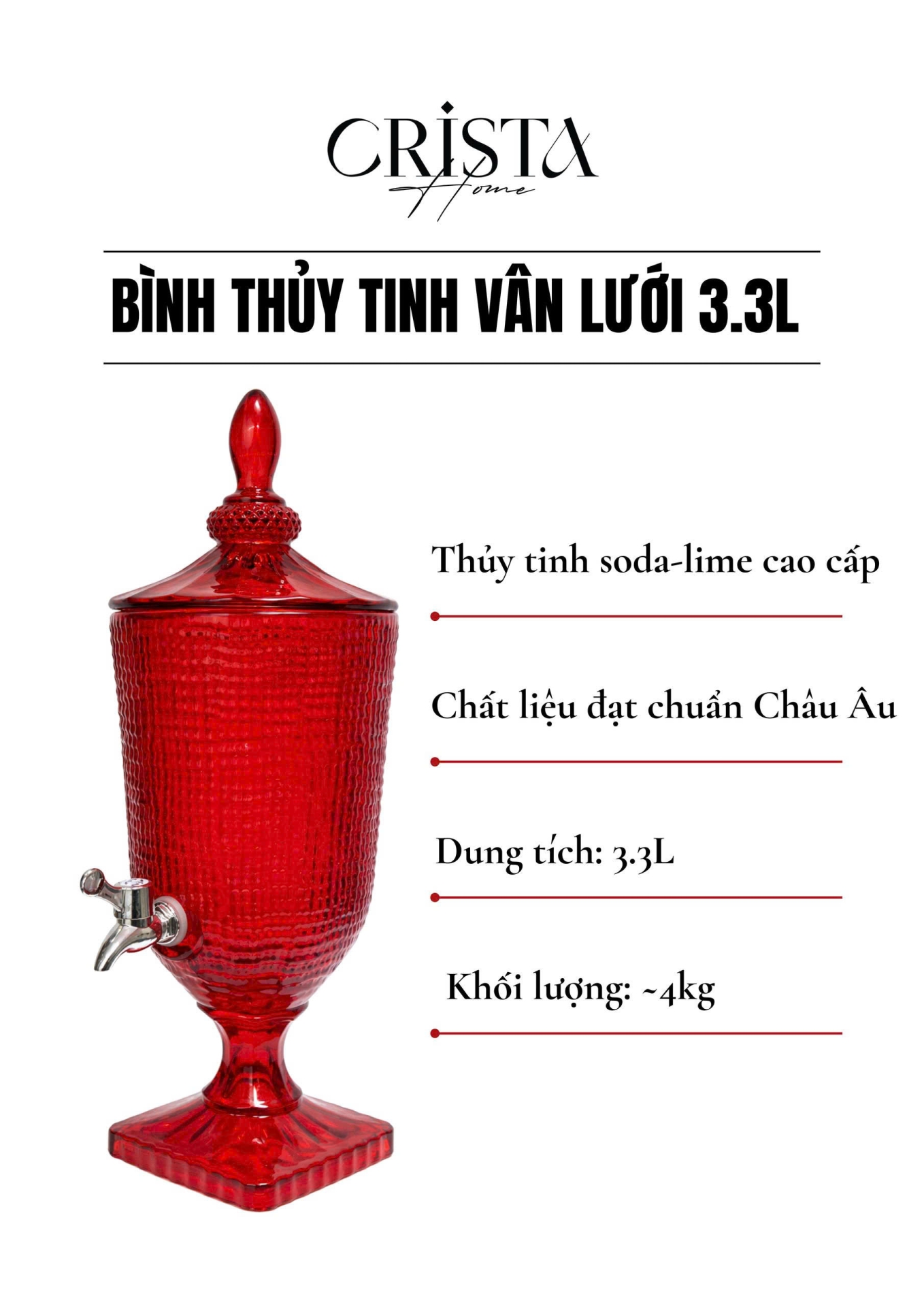 BÌNH THỦY TINH 4 Màu VÂN LƯỚI 3.3L Có Vòi Crista Home