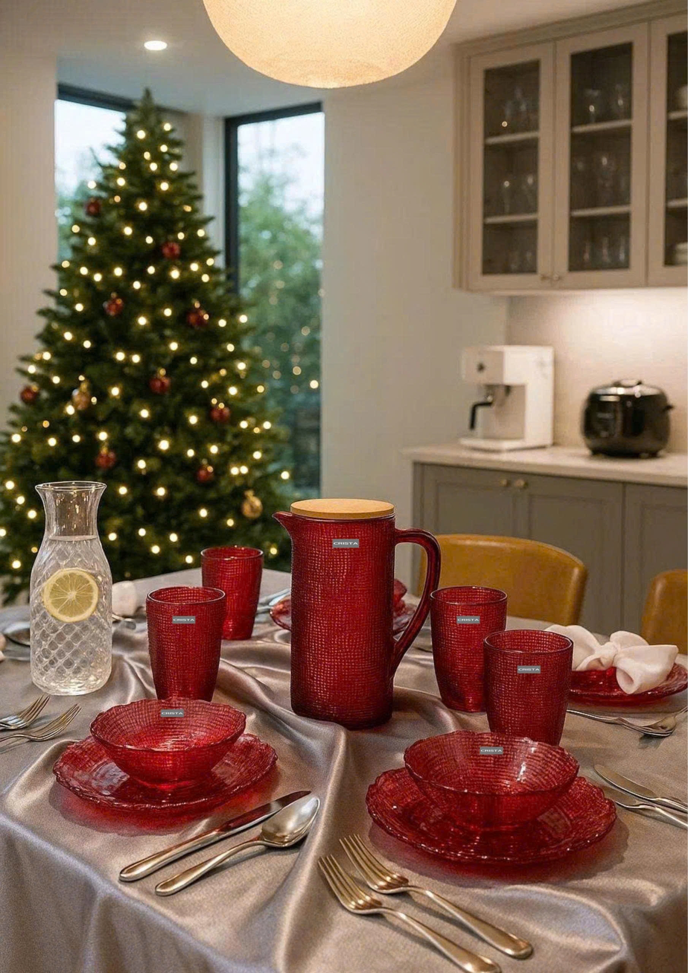 BỘ 6 MÓN THỦY TINH VÂN LƯỚI DẬP NỔI MÀU ĐỎ