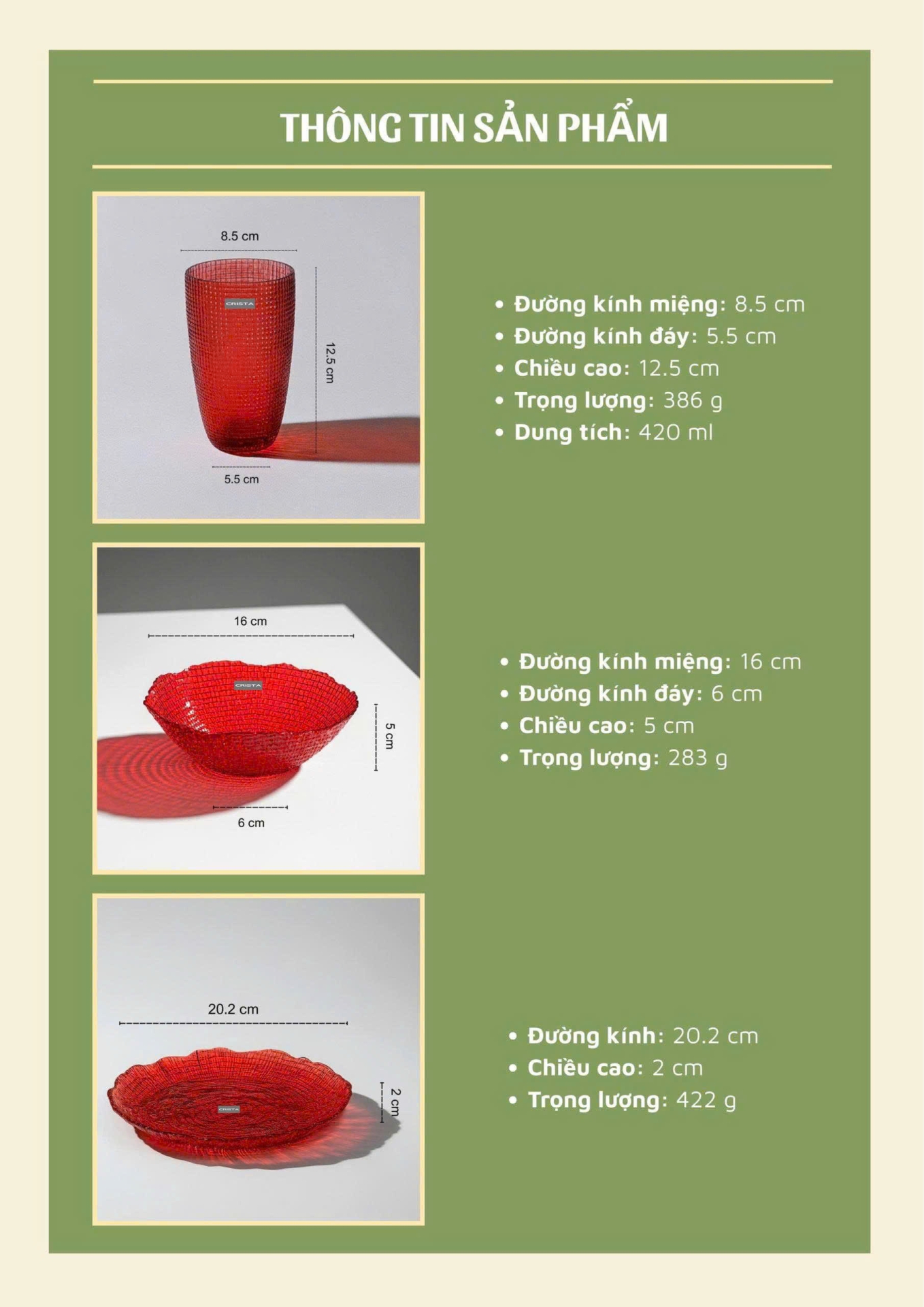 BỘ 6 MÓN THỦY TINH VÂN LƯỚI DẬP NỔI MÀU ĐỎ