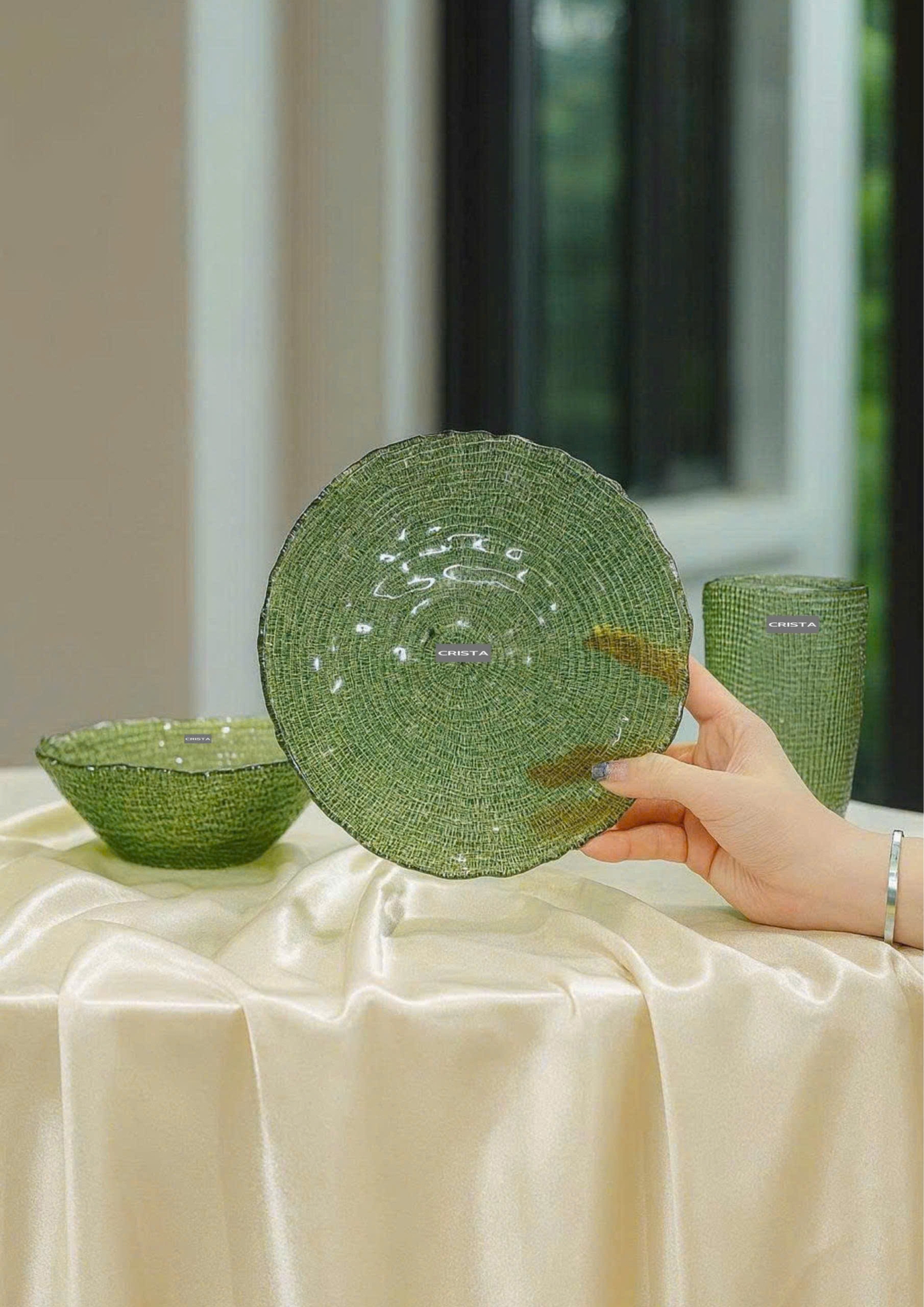 BỘ 6 MÓN THỦY TINH VÂN LƯỚI DẬP NỔI MÀU XANH