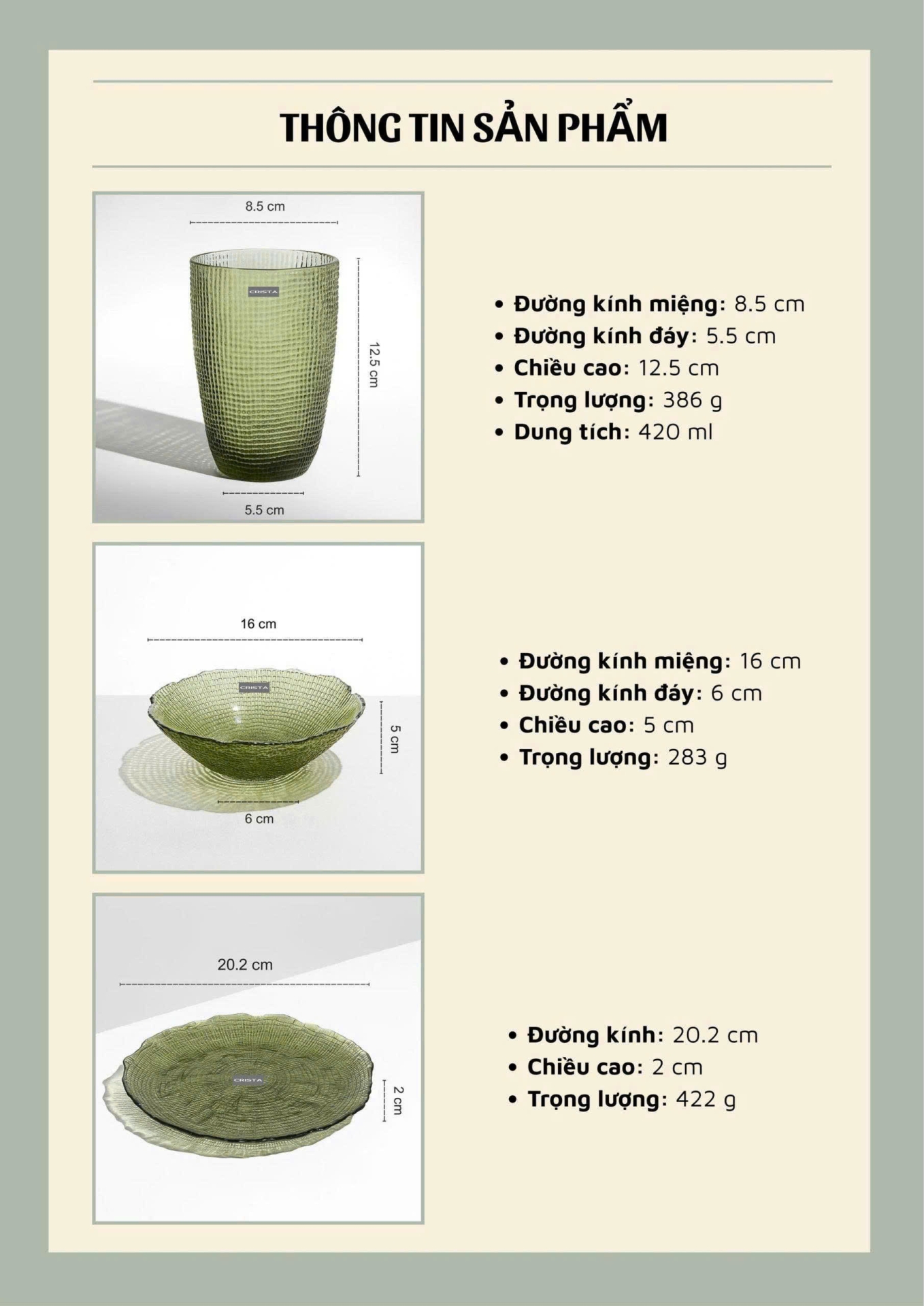 BỘ 6 MÓN THỦY TINH VÂN LƯỚI DẬP NỔI MÀU XANH