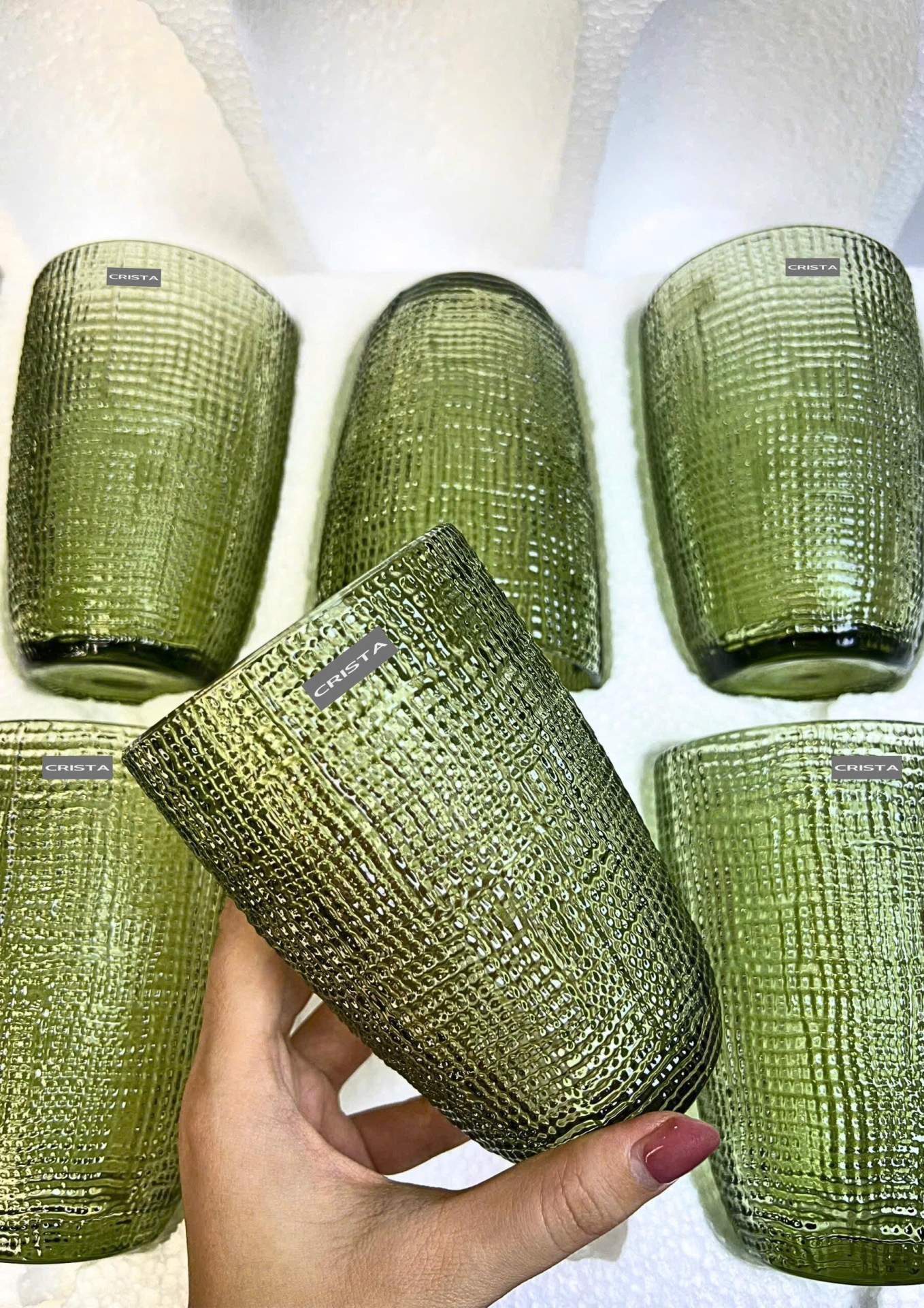 BỘ CỐC THỦY TINH 8 MÀU VÂN LƯỚI DẬP NỔI SẮC MÀU 420ML