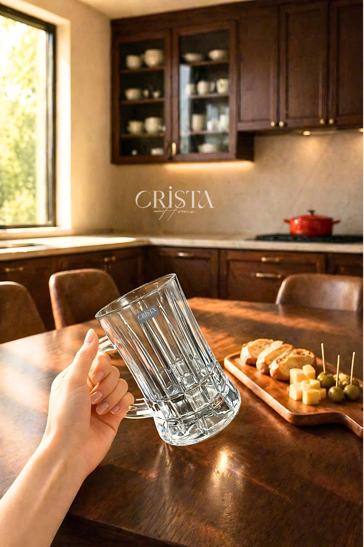 BỘ 6 CỐC BIA THỦY TINH VÂN SỌC NỔI CÓ QUAI 550ML CRISTA HOME - 3 Màu