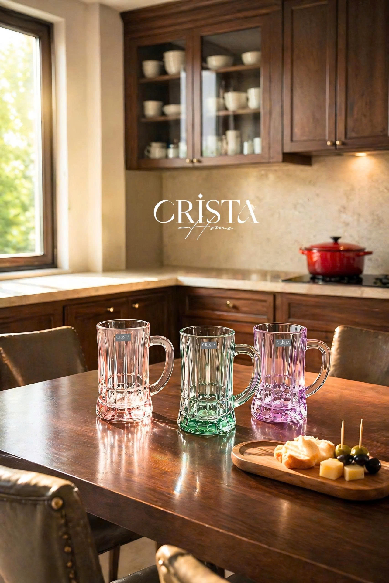 BỘ 6 CỐC BIA THỦY TINH VÂN SỌC NỔI CÓ QUAI 550ML CRISTA HOME - 3 Màu
