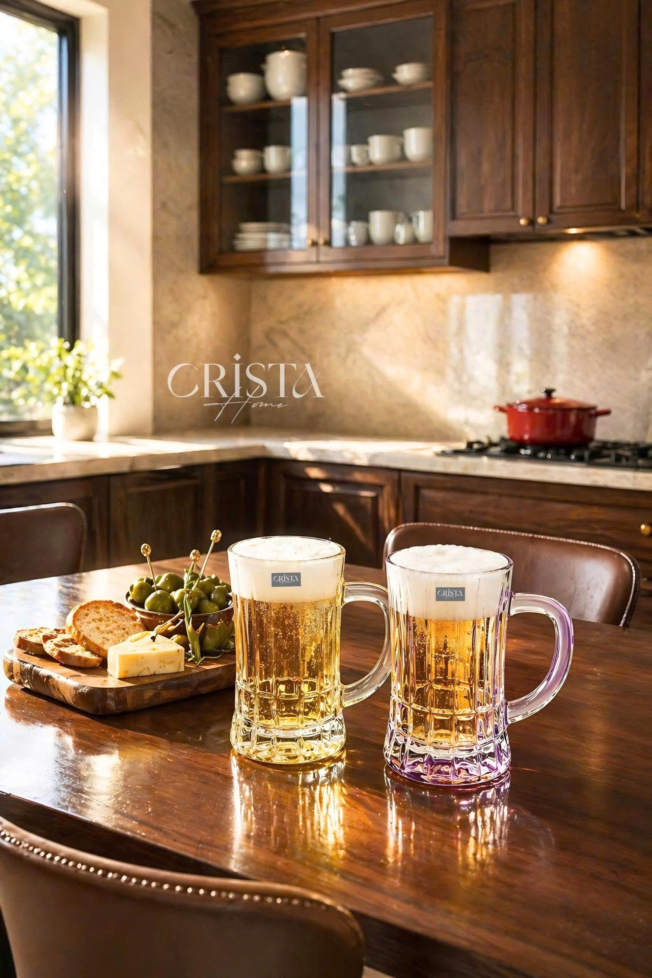 BỘ 6 CỐC BIA THỦY TINH VÂN SỌC NỔI CÓ QUAI 550ML CRISTA HOME - 3 Màu