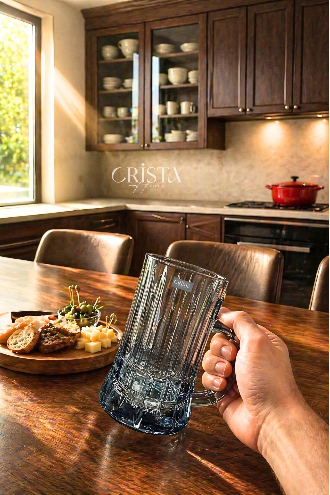 BỘ 6 CỐC BIA THỦY TINH VÂN SỌC NỔI CÓ QUAI 550ML CRISTA HOME - 3 Màu