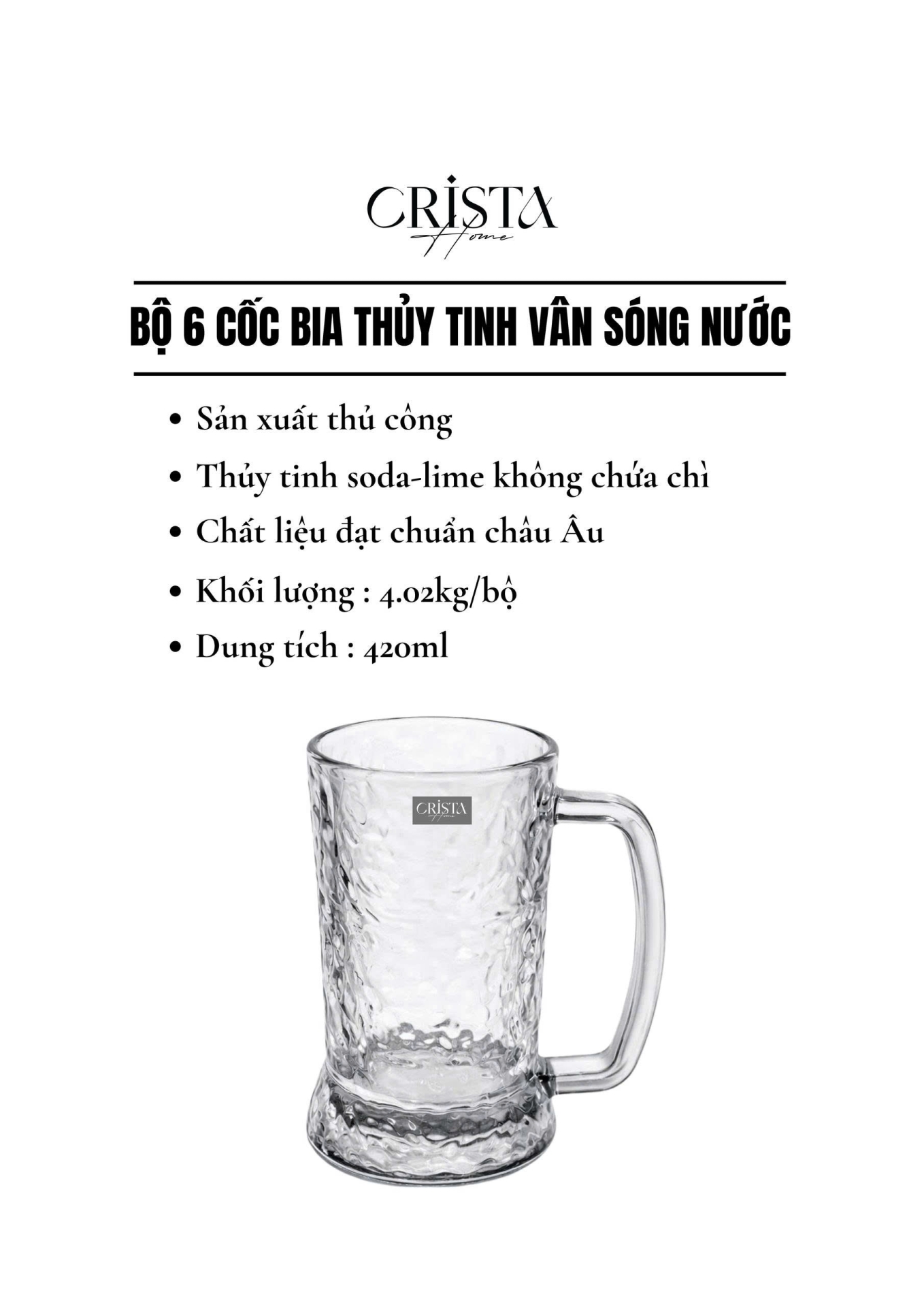 Bộ 6 Cốc Bia Thủy Tinh Vân Sóng Nước Có Quai - 3 Màu - 420ML CRISTA HOME