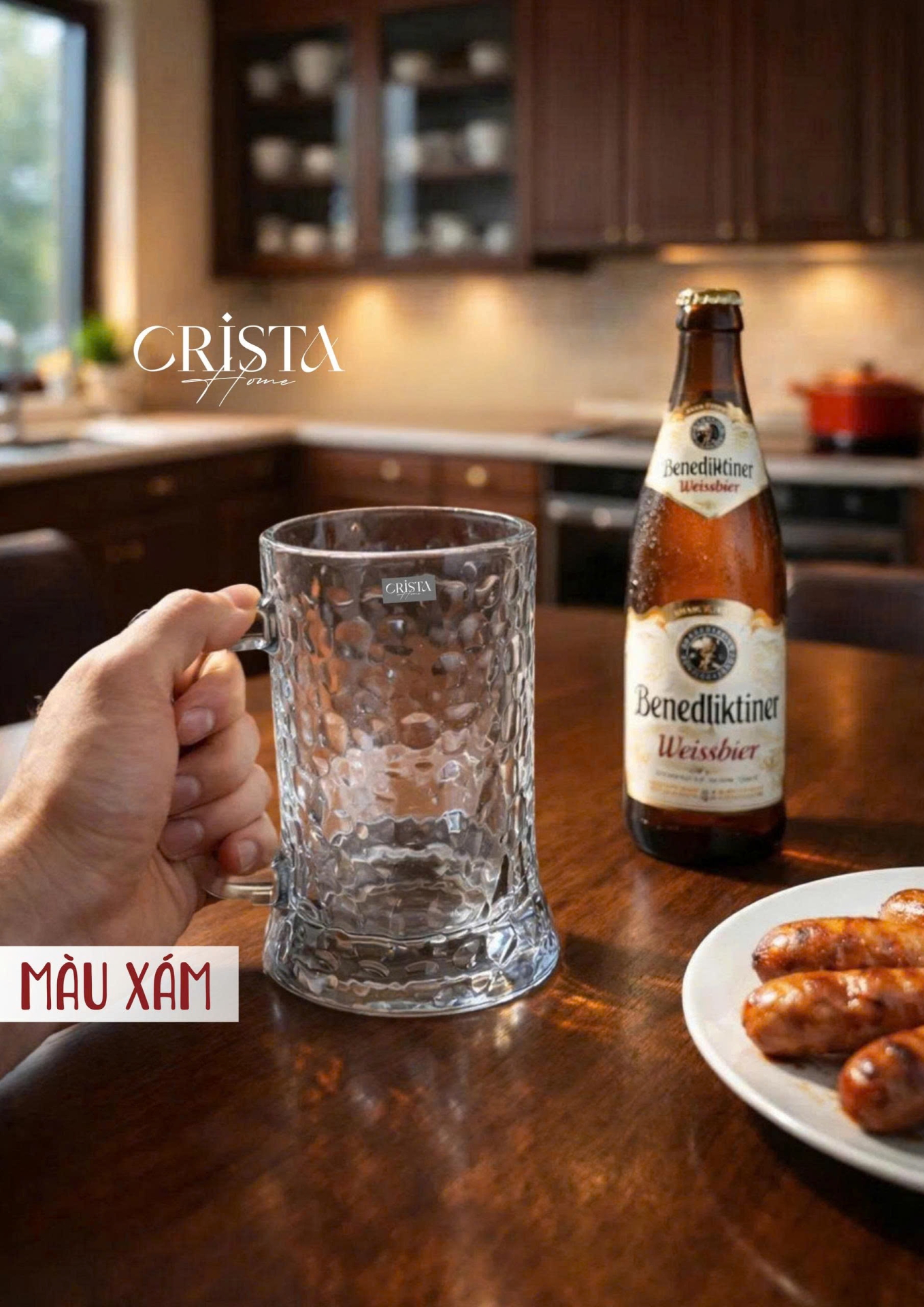 Bộ 6 Cốc Bia Thủy Tinh Vân Sóng Nước Có Quai - 3 Màu - 420ML CRISTA HOME