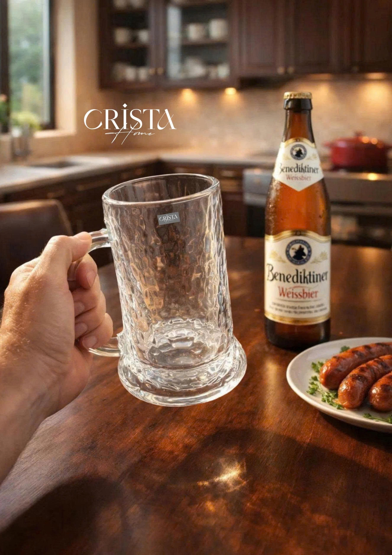 Bộ 6 Cốc Bia Thủy Tinh Vân Sóng Nước Có Quai - 3 Màu - 420ML CRISTA HOME