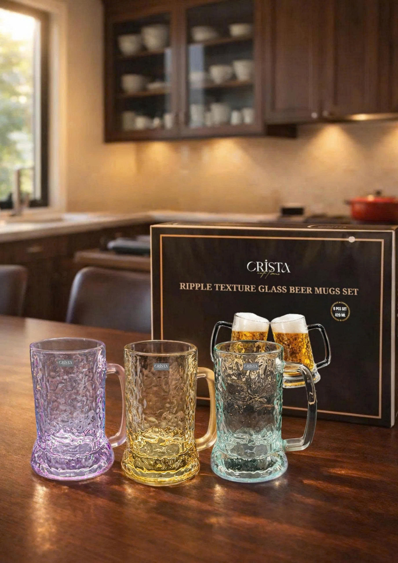Bộ 6 Cốc Bia Thủy Tinh Vân Sóng Nước Có Quai - 3 Màu - 420ML CRISTA HOME