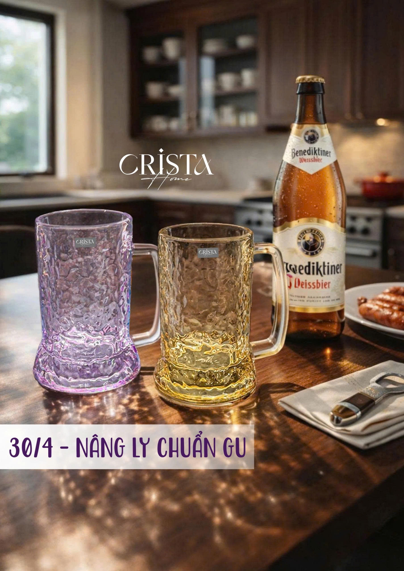 Bộ 6 Cốc Bia Thủy Tinh Vân Sóng Nước Có Quai - 3 Màu - 420ML CRISTA HOME