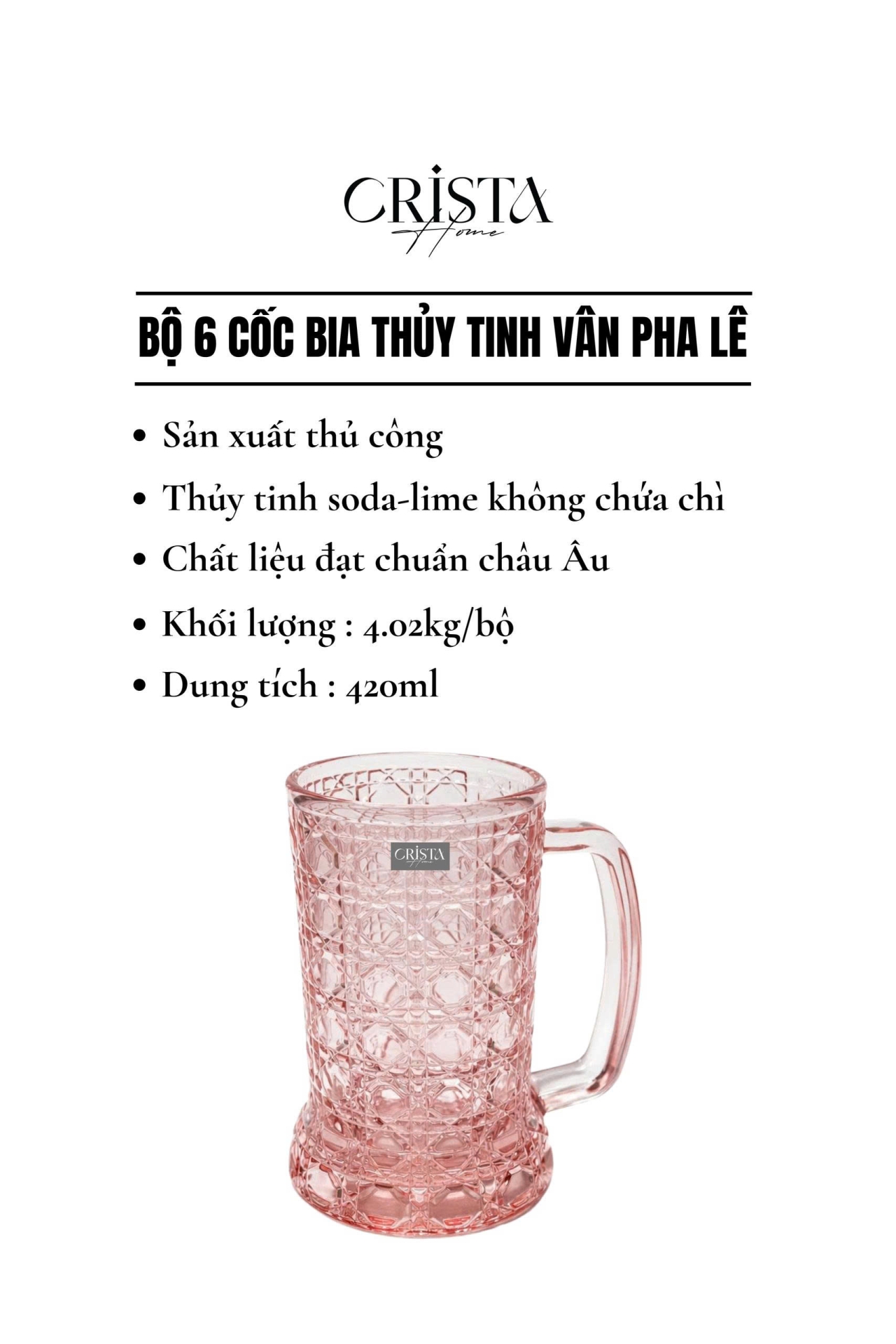 Bộ 6 Cốc Bia Thủy Tinh Vân Pha Lê Có Quai 3 MÀU - 420ML CRISTA HOME
