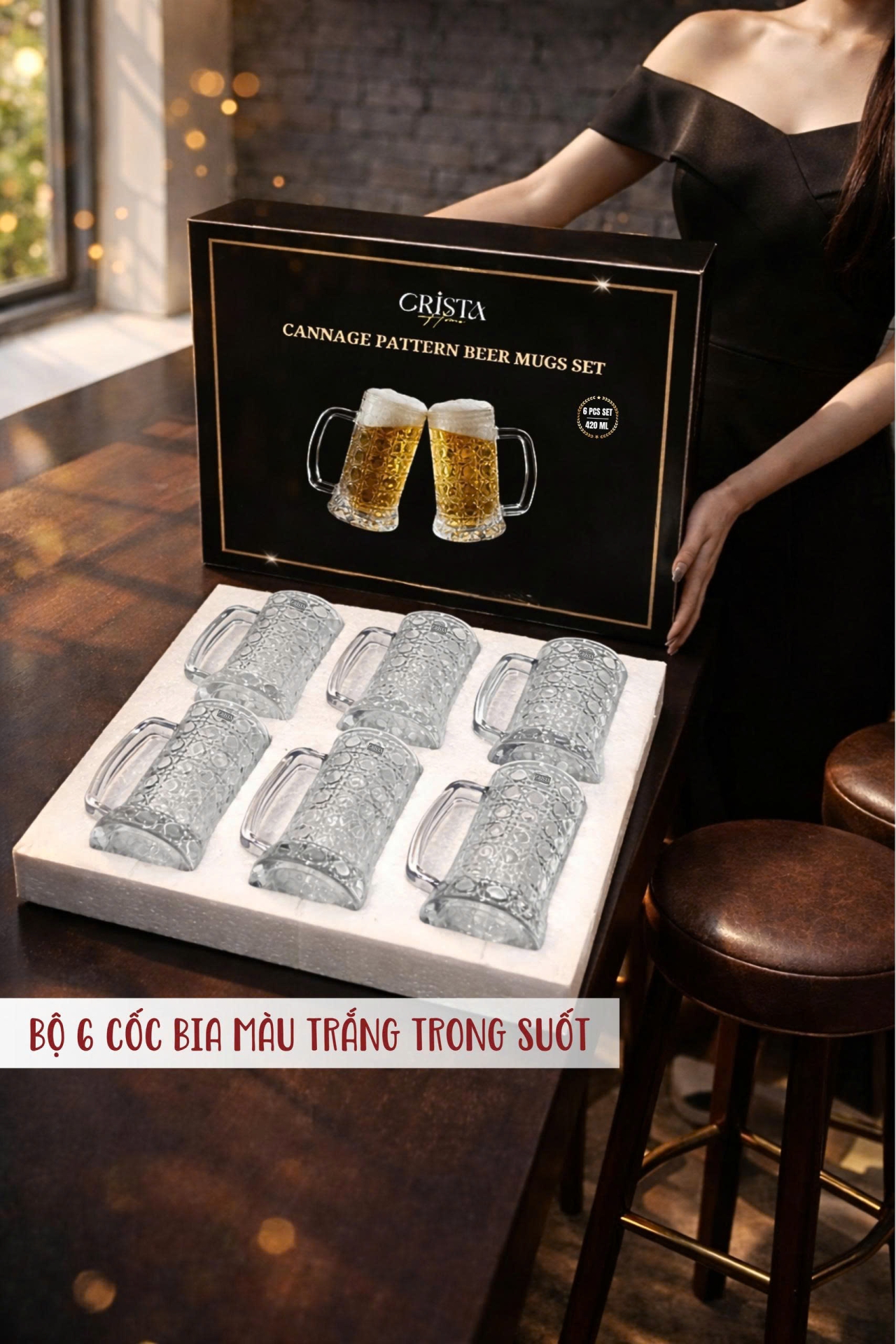 Bộ 6 Cốc Bia Thủy Tinh Vân Pha Lê Có Quai 3 MÀU - 420ML CRISTA HOME