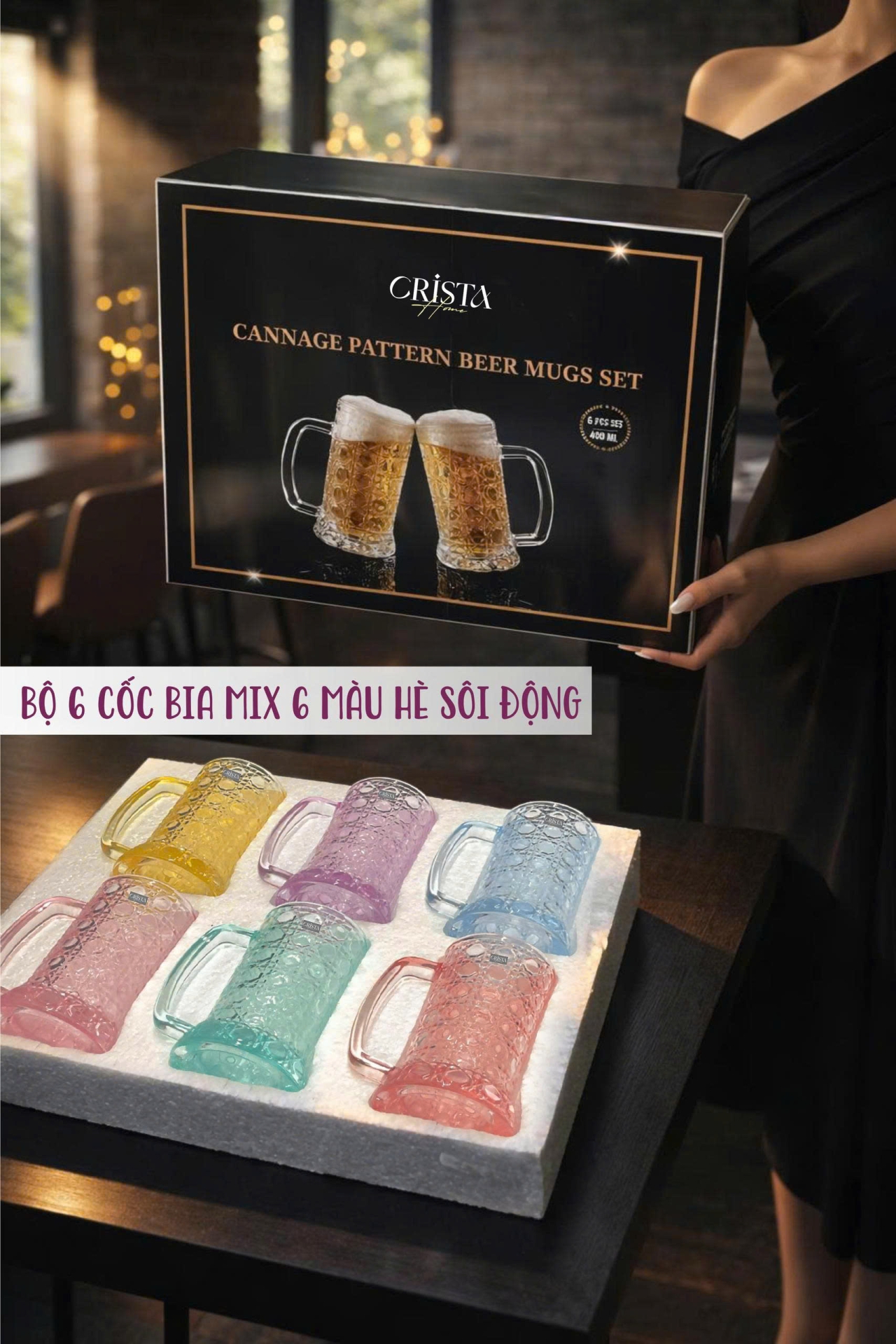 Bộ 6 Cốc Bia Thủy Tinh Vân Pha Lê Có Quai 3 MÀU - 420ML CRISTA HOME