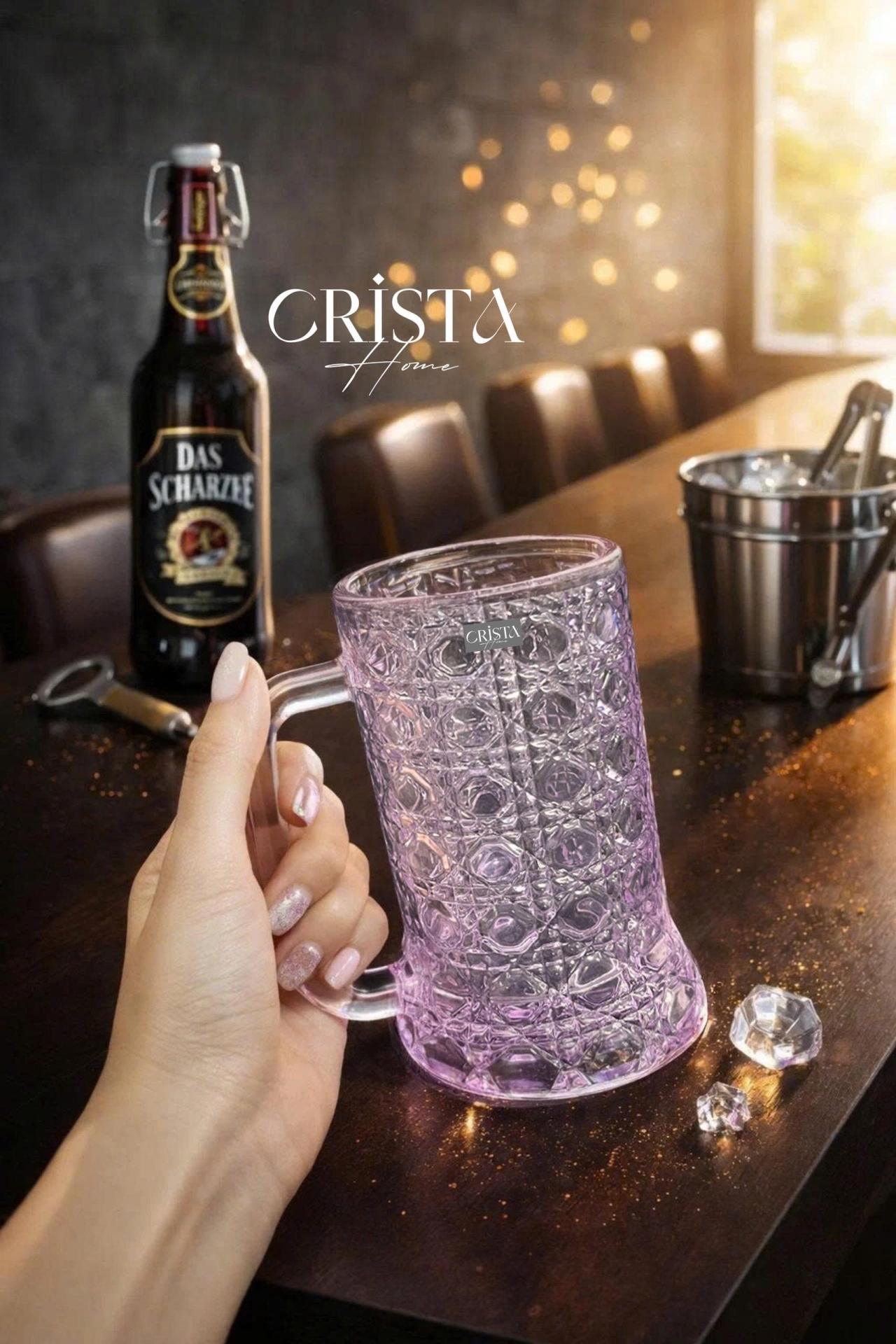 Bộ 6 Cốc Bia Thủy Tinh Vân Pha Lê Có Quai 3 MÀU - 420ML CRISTA HOME