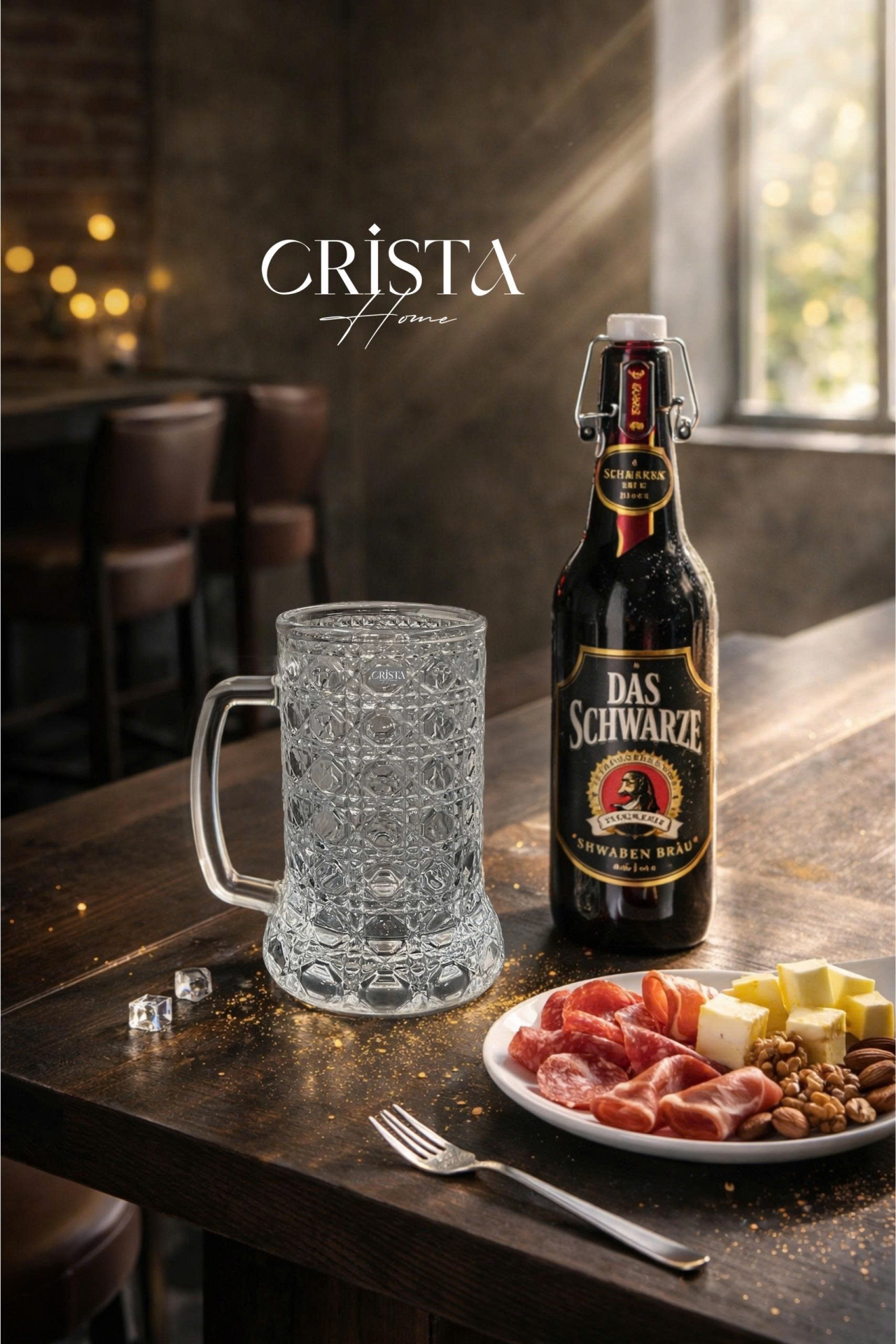 Bộ 6 Cốc Bia Thủy Tinh Vân Pha Lê Có Quai 3 MÀU - 420ML CRISTA HOME