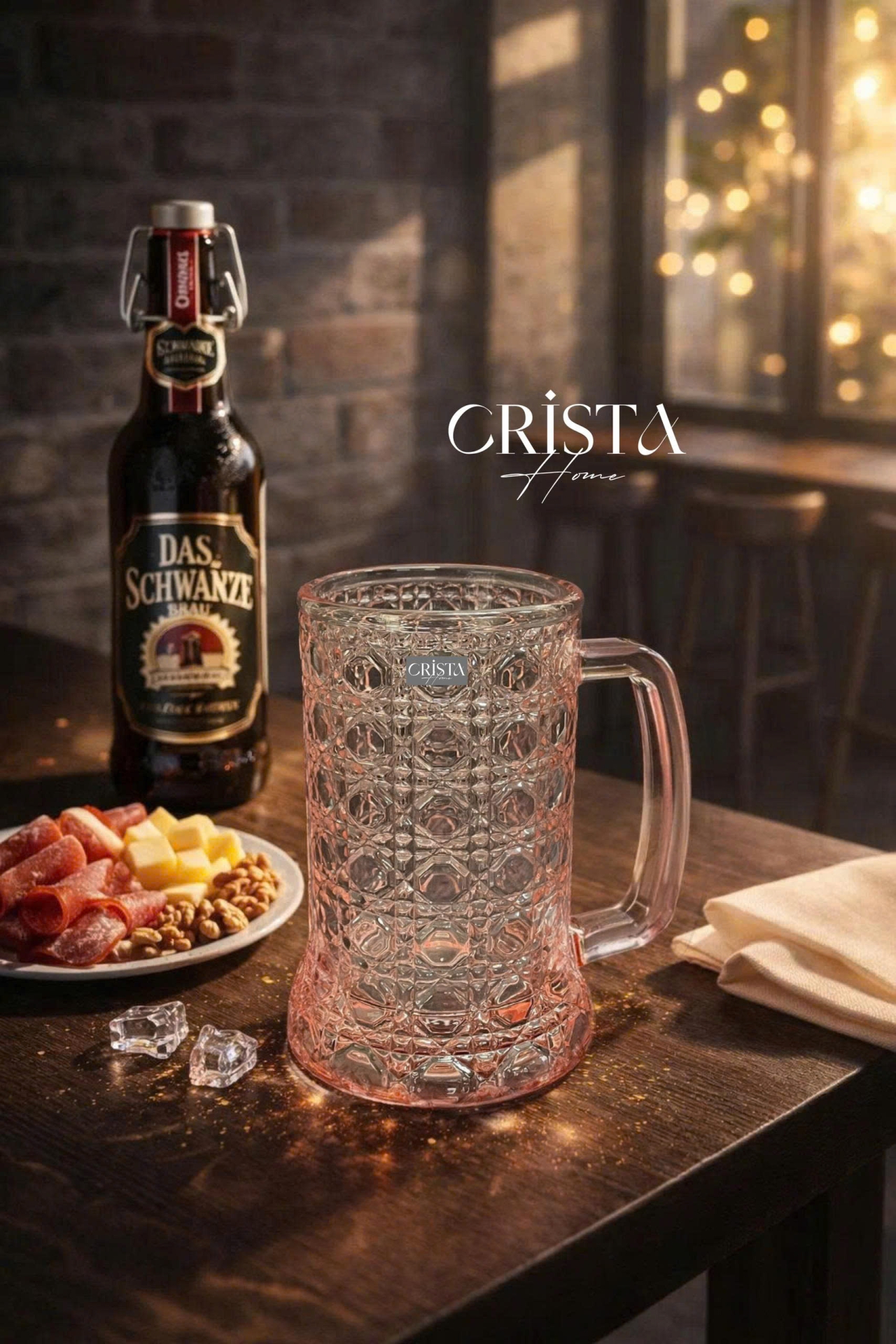 Bộ 6 Cốc Bia Thủy Tinh Vân Pha Lê Có Quai 3 MÀU - 420ML CRISTA HOME