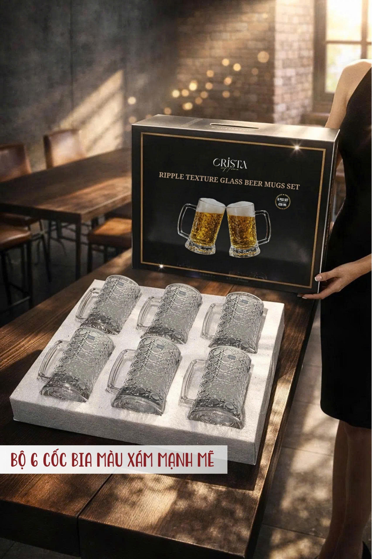 Bộ 6 Cốc Bia Thủy Tinh Vân Pha Lê Có Quai 3 MÀU - 420ML CRISTA HOME