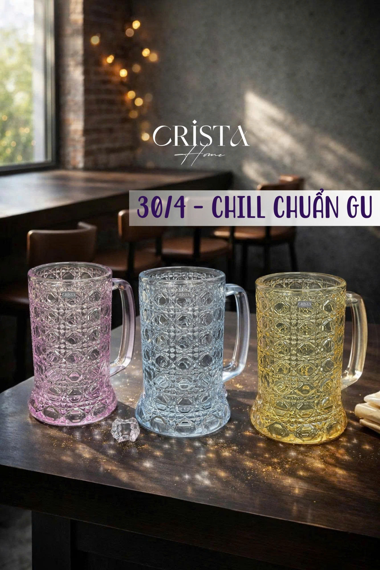Bộ 6 Cốc Bia Thủy Tinh Vân Pha Lê Có Quai 3 MÀU - 420ML CRISTA HOME