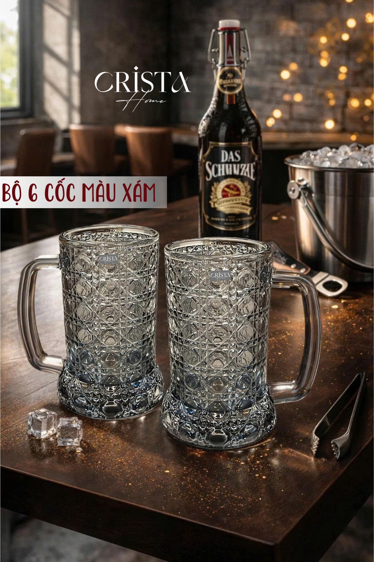 Bộ 6 Cốc Bia Thủy Tinh Vân Pha Lê Có Quai 3 MÀU - 420ML CRISTA HOME