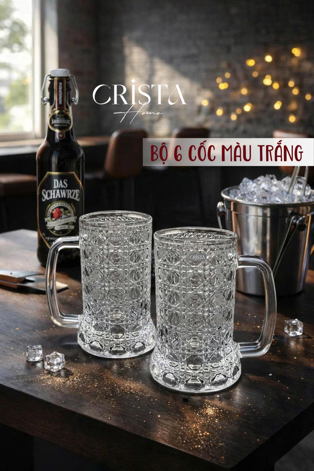 Bộ 6 Cốc Bia Thủy Tinh Vân Pha Lê Có Quai 3 MÀU - 420ML CRISTA HOME