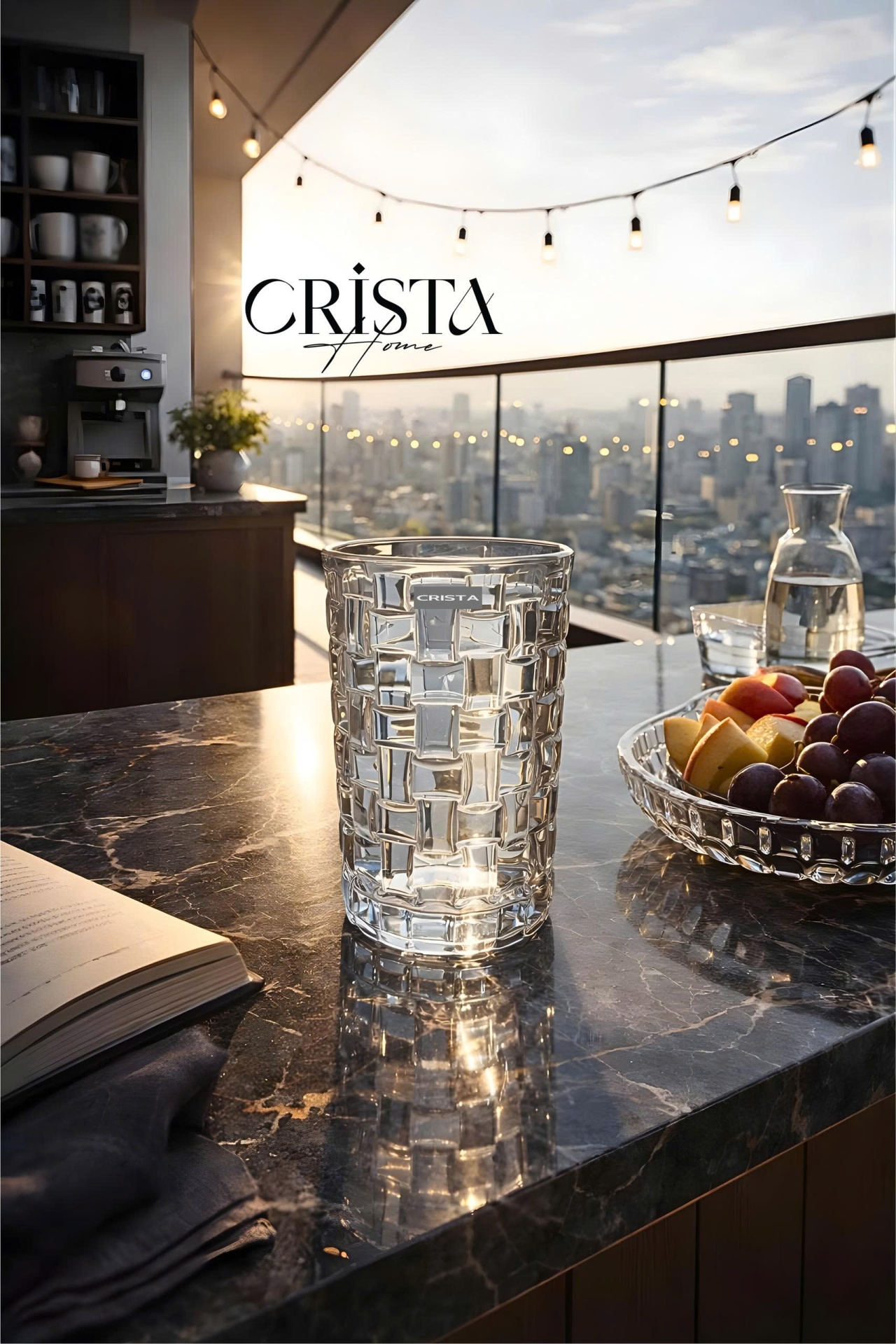 Bộ 6 Cốc Thủy Tinh Cao CRISTA HOME Màu Trắng Vân Caro 350ml