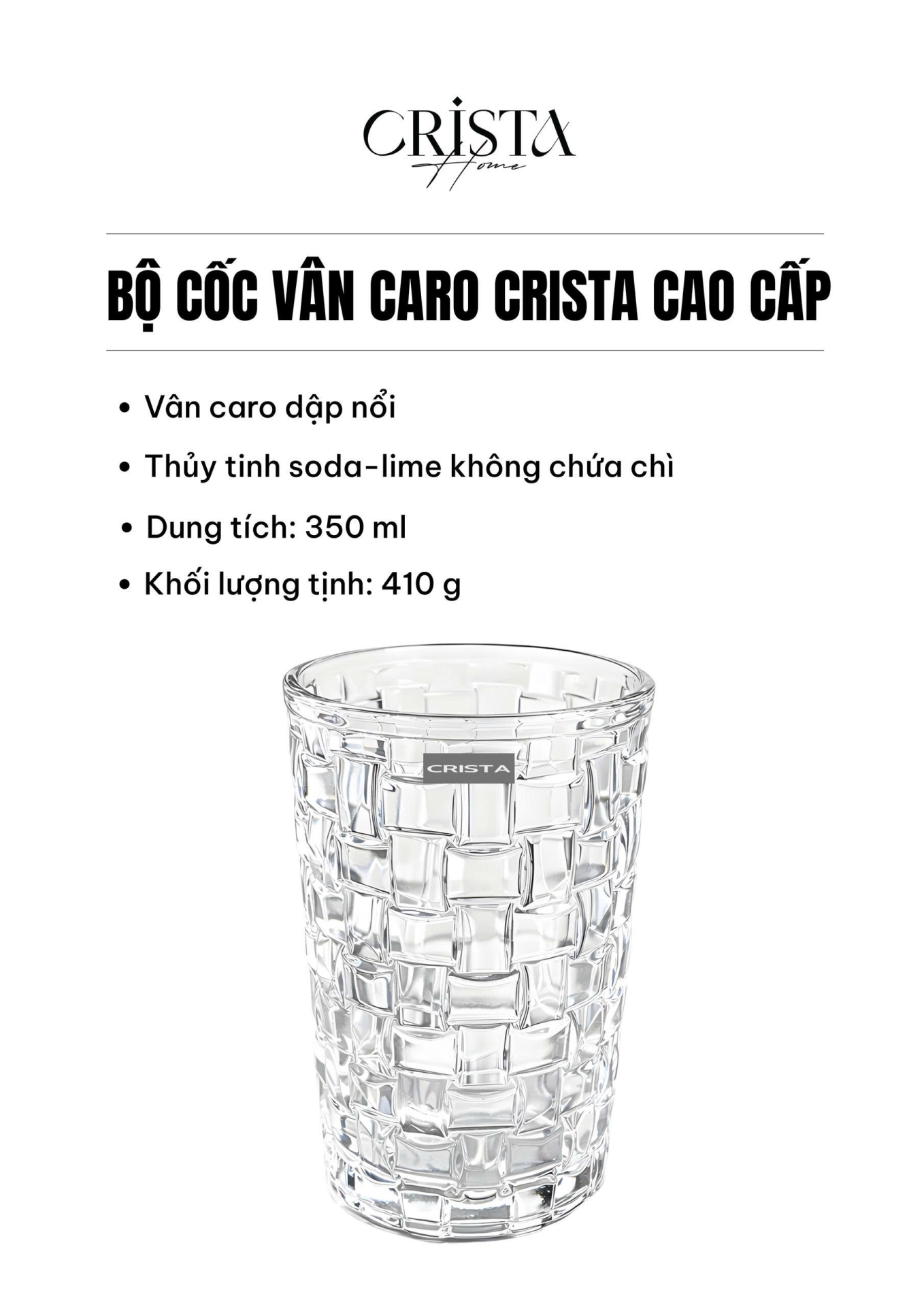 Bộ 6 Cốc Thủy Tinh Cao CRISTA HOME Màu Trắng Vân Caro 350ml