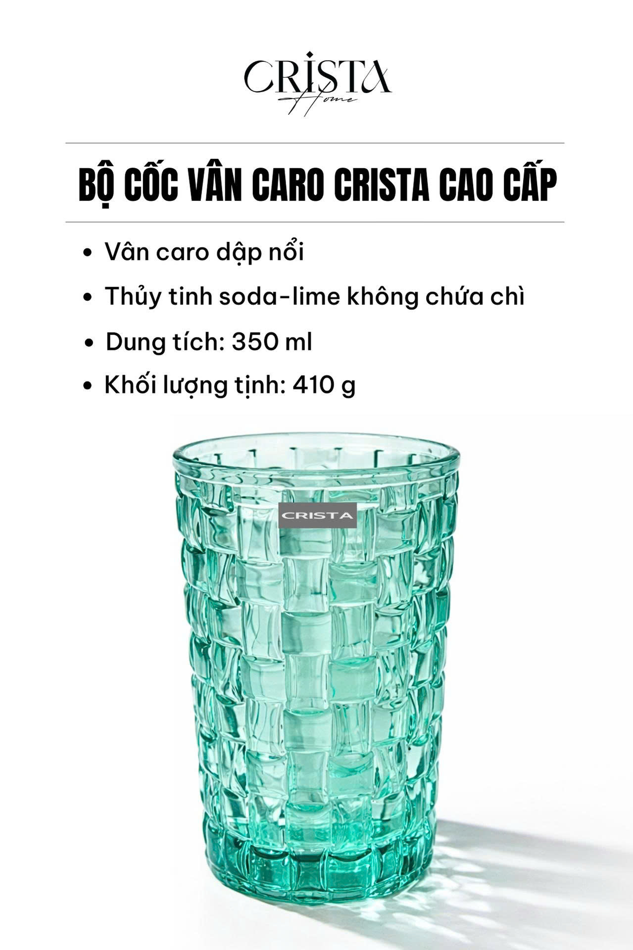 Bộ 6 Cốc Thủy Tinh Cao CRISTA HOME Màu Xanh Mint Vân Caro 350ml