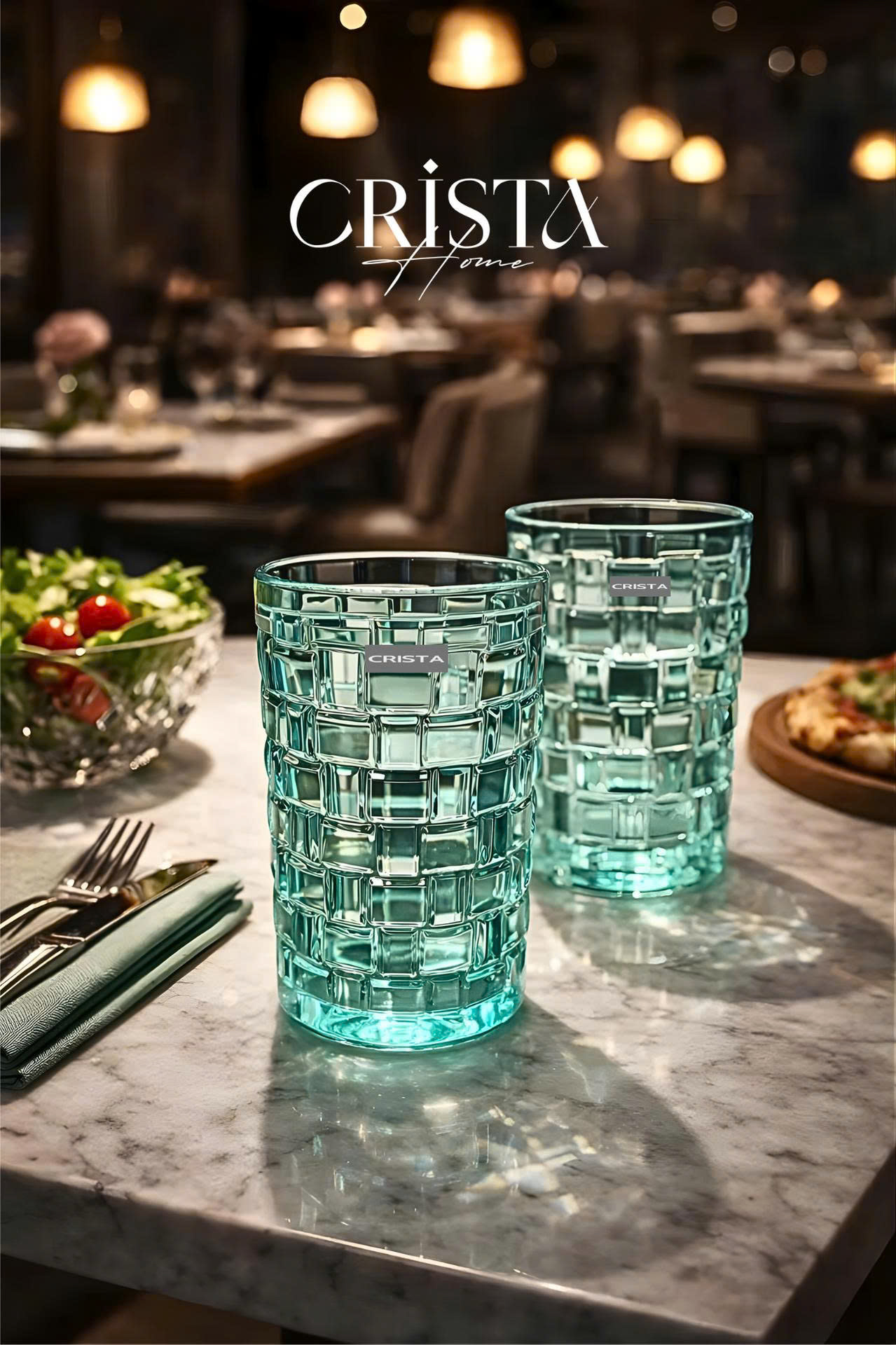 Bộ 6 Cốc Thủy Tinh Cao CRISTA HOME Màu Xanh Mint Vân Caro 350ml