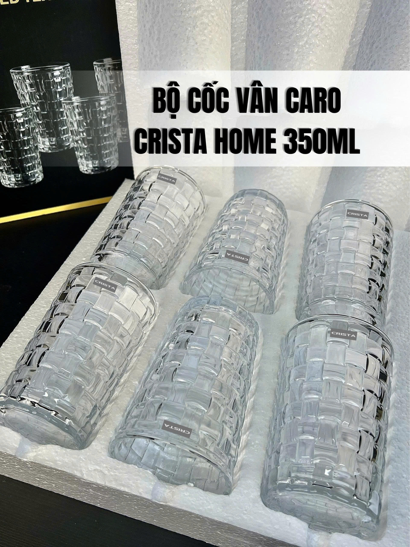 Bộ 6 Cốc Thủy Tinh Cao (8 Màu) Vân Caro 350ml