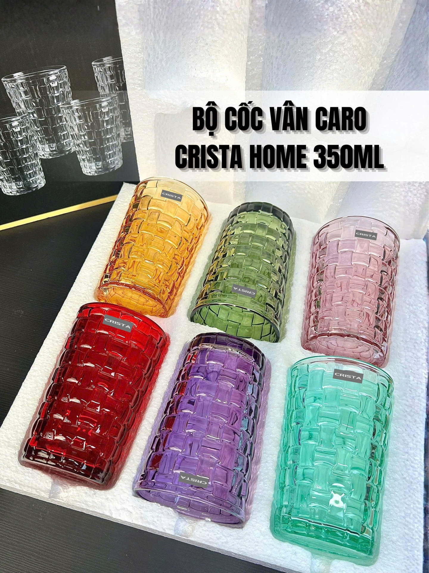 Bộ 6 Cốc Thủy Tinh Cao (8 Màu) Vân Caro 350ml