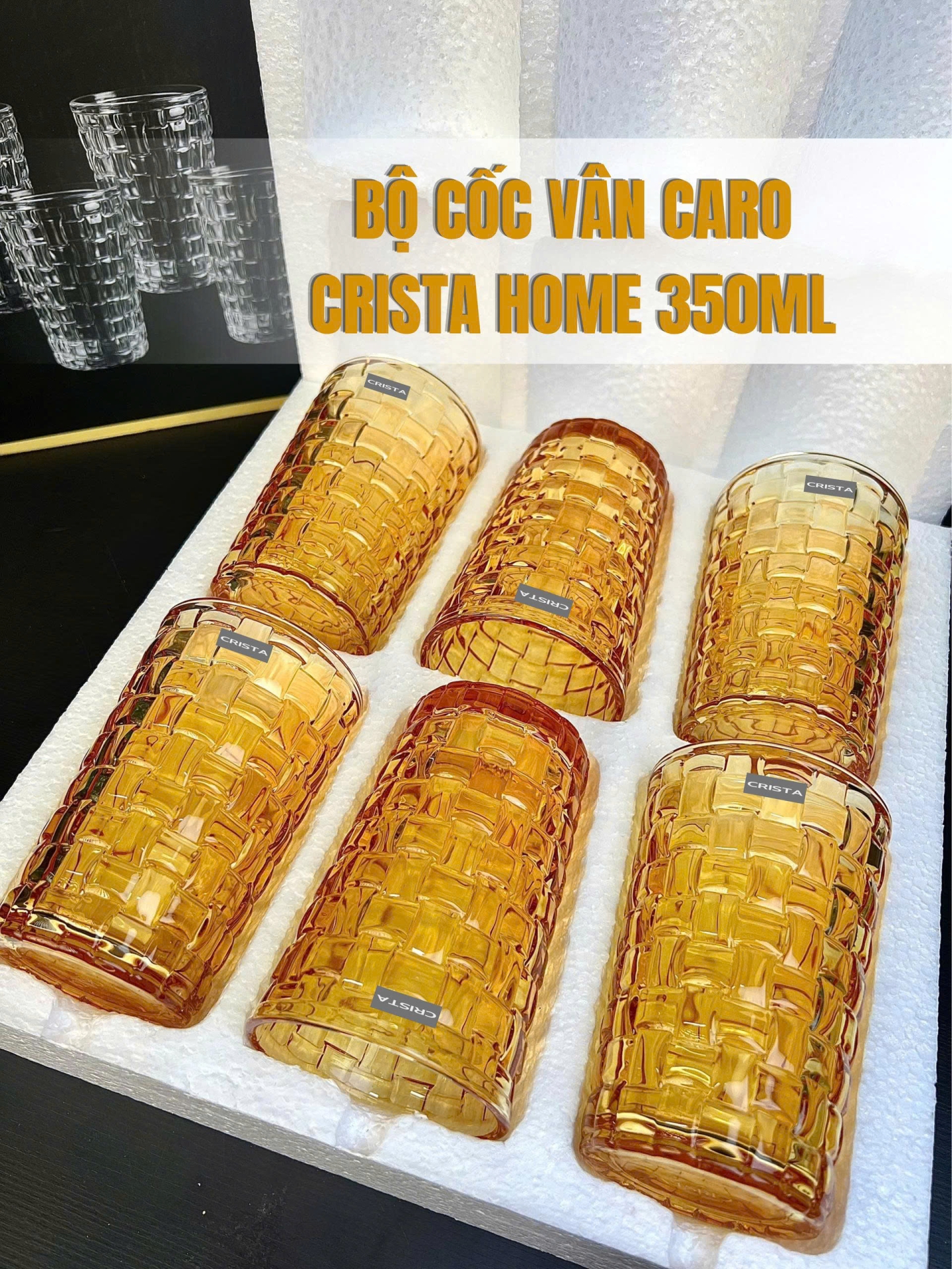 Bộ 6 Cốc Thủy Tinh Cao (8 Màu) Vân Caro 350ml