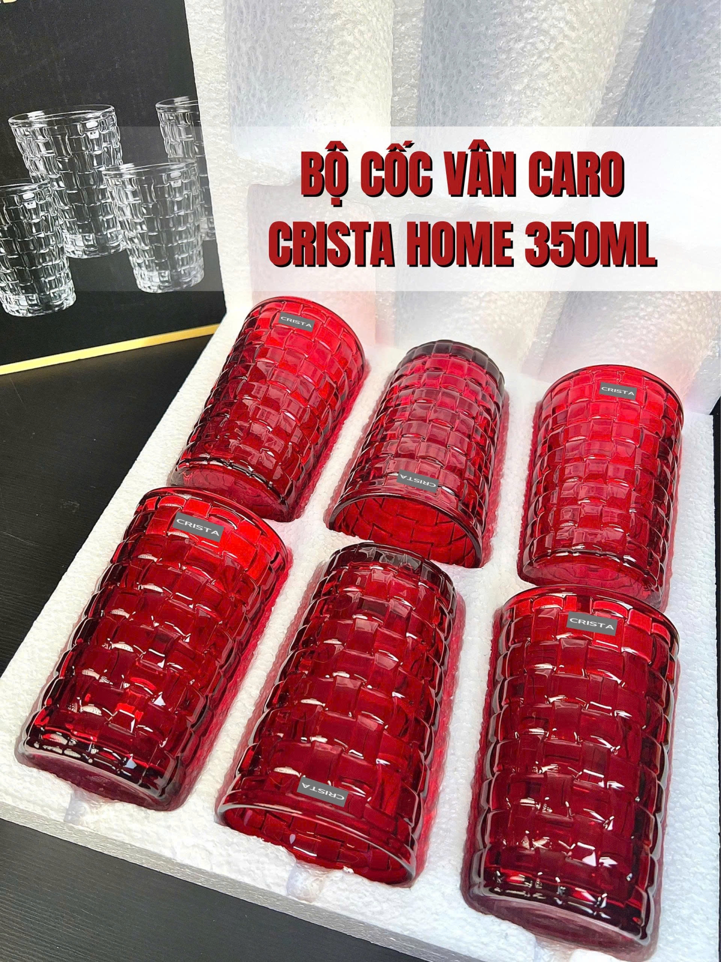 Bộ 6 Cốc Thủy Tinh Cao (8 Màu) Vân Caro 350ml