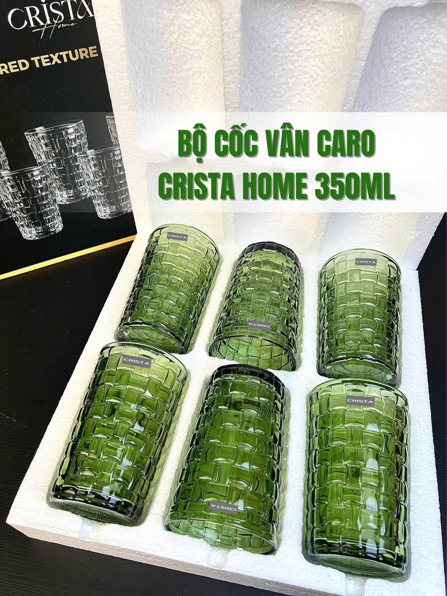 Bộ 6 Cốc Thủy Tinh Cao (8 Màu) Vân Caro 350ml