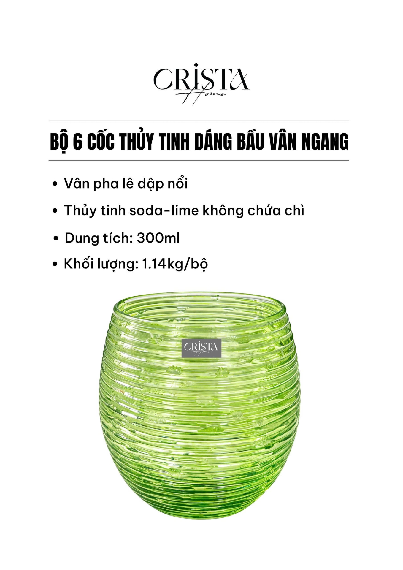 BỘ 6 CỐC THỦY TINH (8 Màu) DÁNG BẦU VÂN NGANG 300ML
