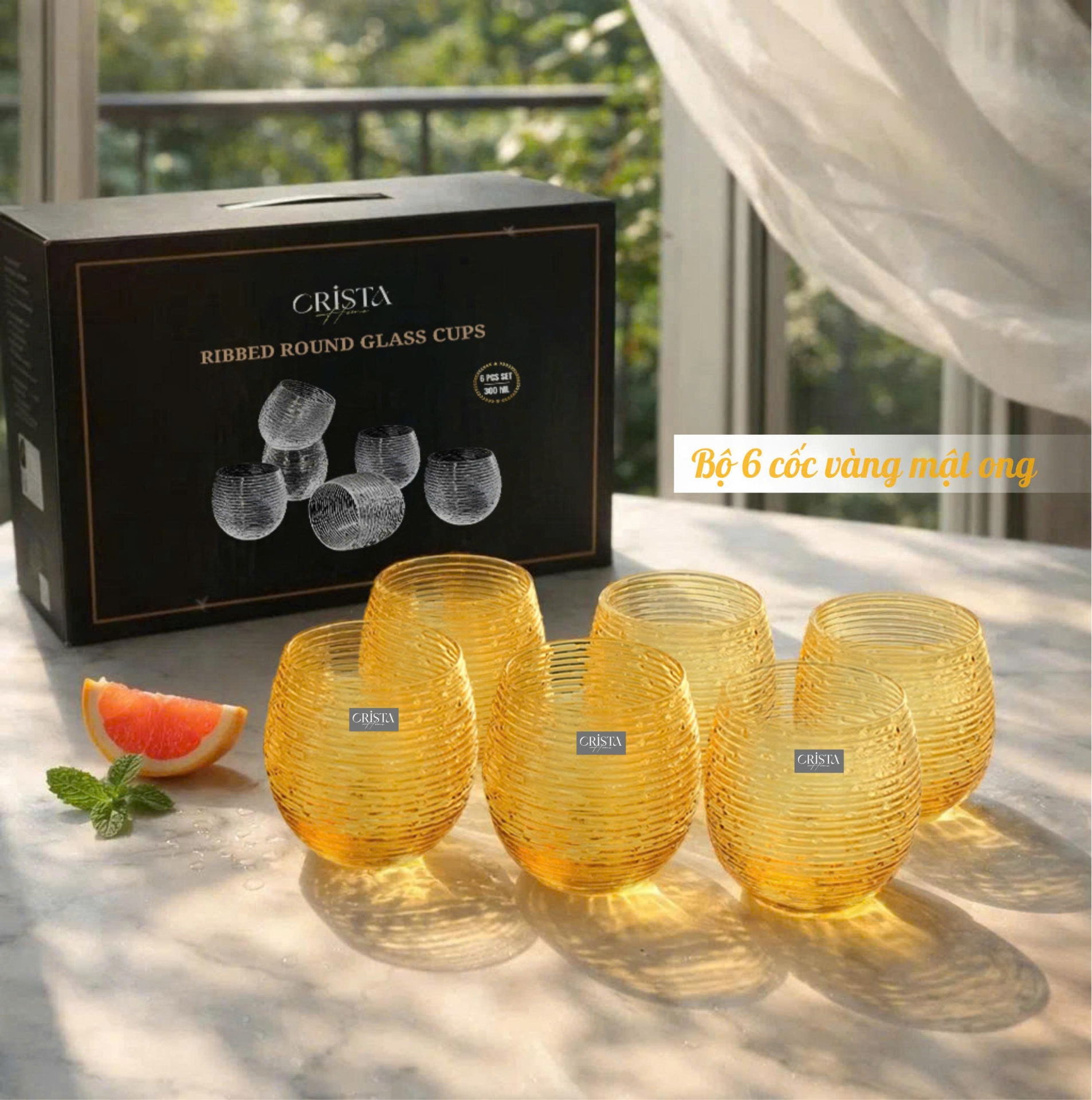 BỘ 6 CỐC THỦY TINH (8 Màu) DÁNG BẦU VÂN NGANG 300ML