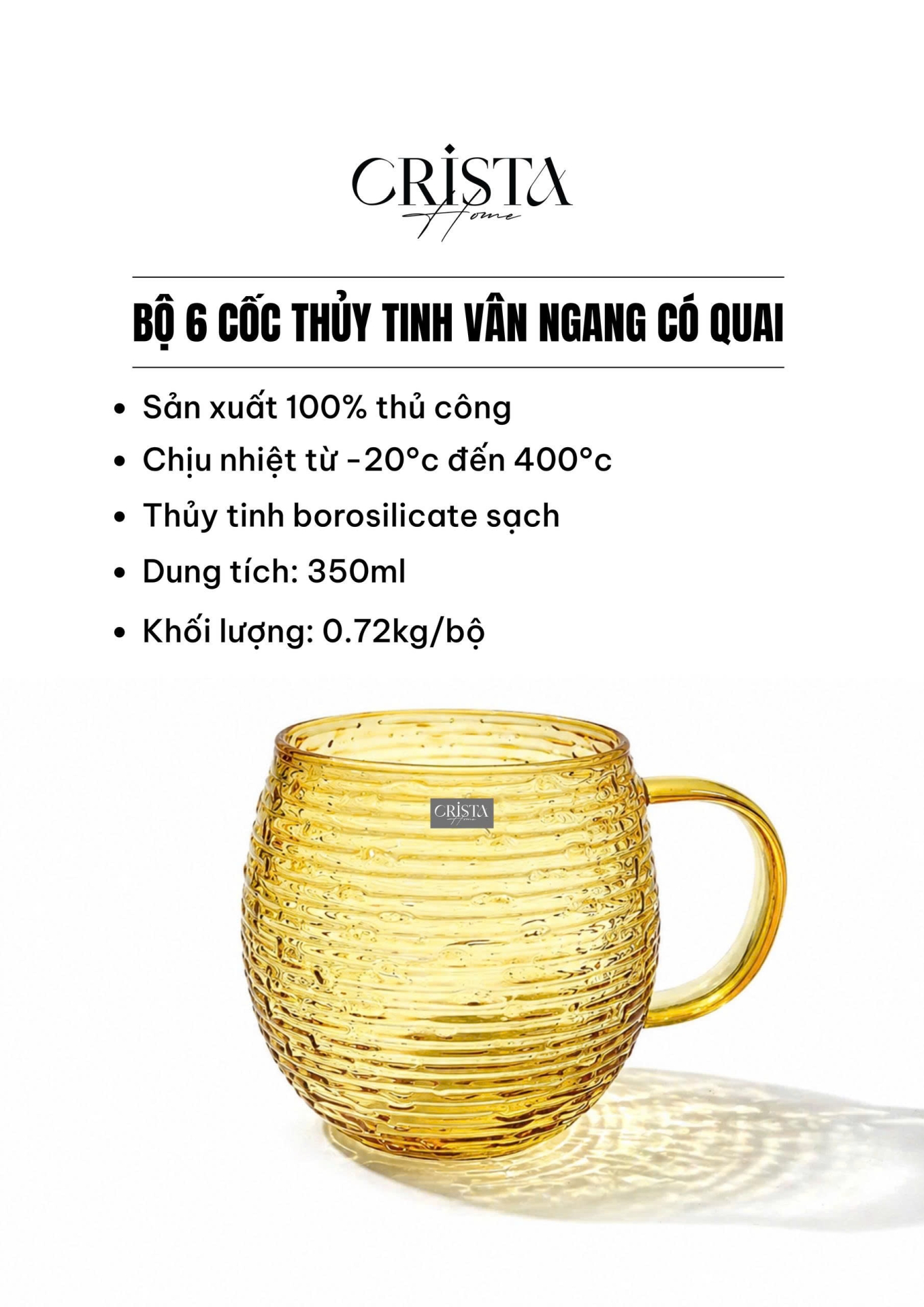BỘ 6 CỐC DÁNG BẦU VÂN NGANG CÓ QUAI 350ML - 2 Màu CRISTA HOME